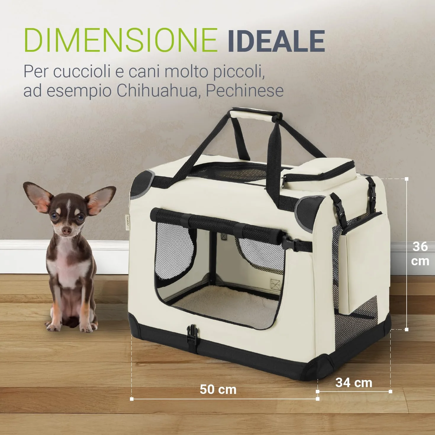 Juskys Trasportino per Cani Lassie S pieghevole e portatile 34x50x36 cm con coperta, borsa e maniglie - trasportino pieghevole per cani, gatti e animali domestici - tessuto Oxford - Beige