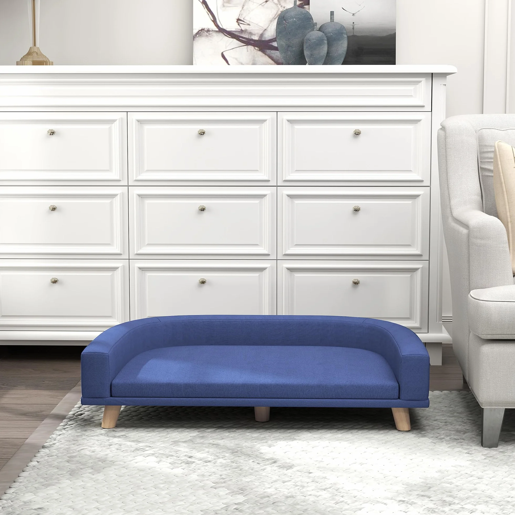 PawHut Divano per cani con gambe in legno, lavabile, con cuscino, per cani di taglia grande, 98 x 67 x 25 cm, blu