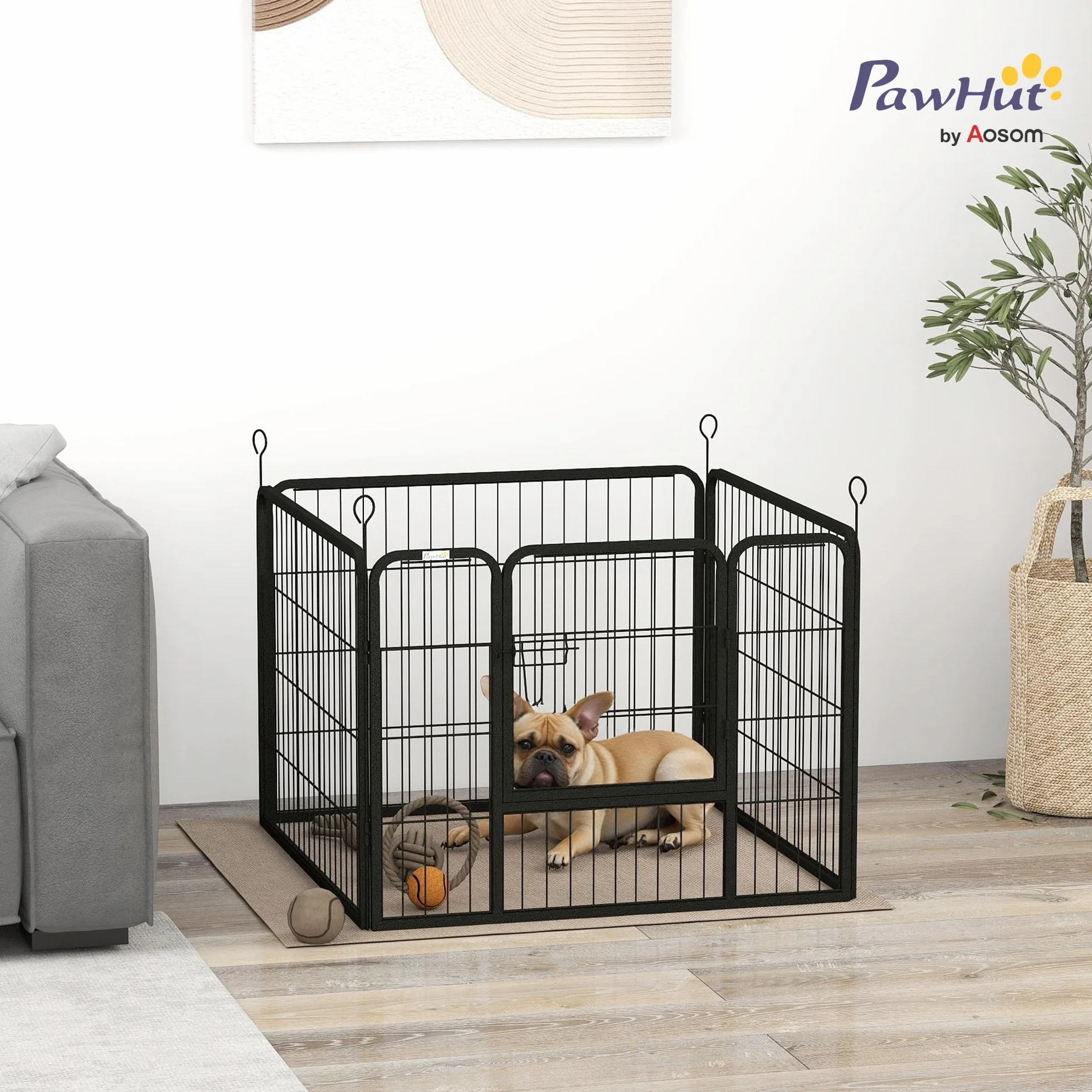 PawHut Recinto per Cani Pieghevole in Metallo, per Interno ed Esterno con Porta con Catenaccio e Picchetti, 82x82x60cm Grigio