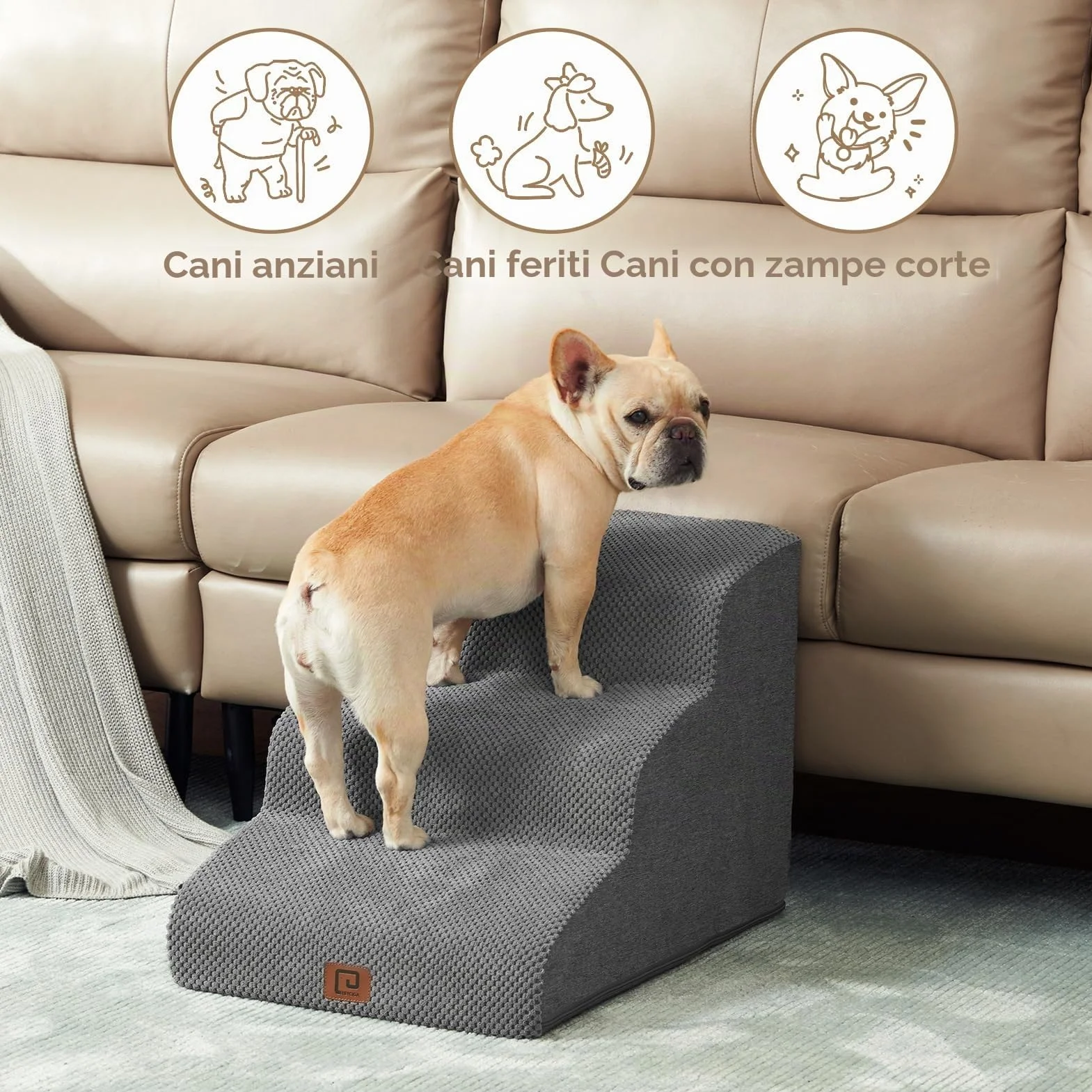 EHEYCIGA Scaletta per Cani 3 Gradini 40 cm, Scala Antiscivolo per Letto e Divano, Rivestimento Rimovibile e Lavabile, Grigio
