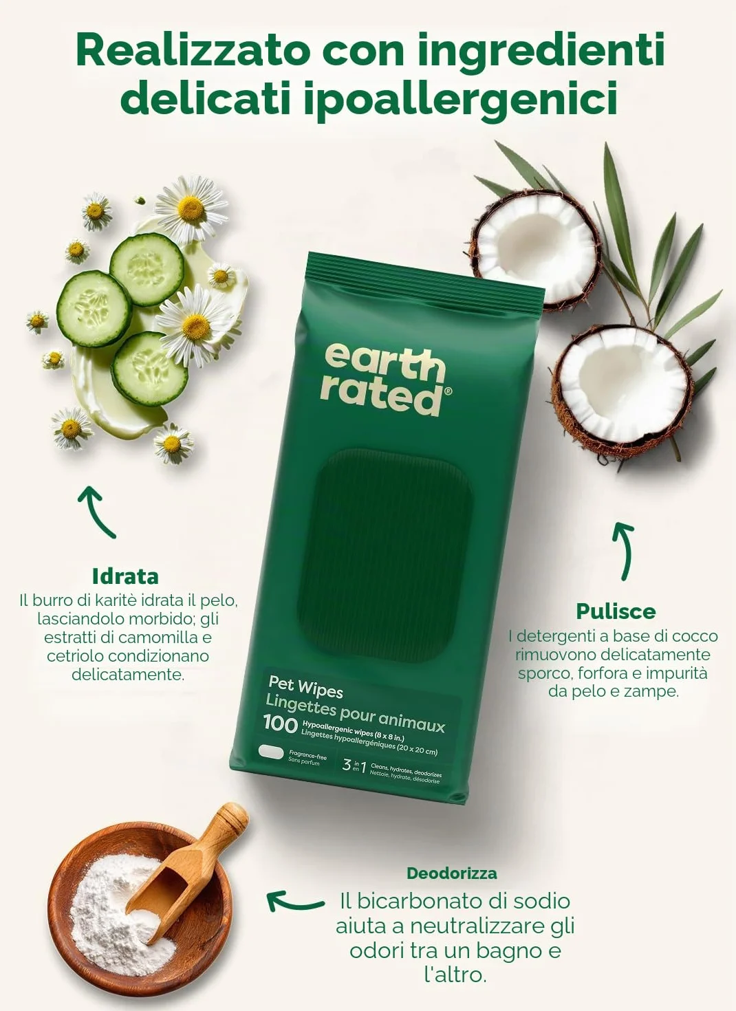 Earth Rated Salviette ipoallergeniche per Cani, puliscono ed eliminano Gli odori da Zampe, Corpo e Sedere, Senza Profumo, 100 Pezzi
