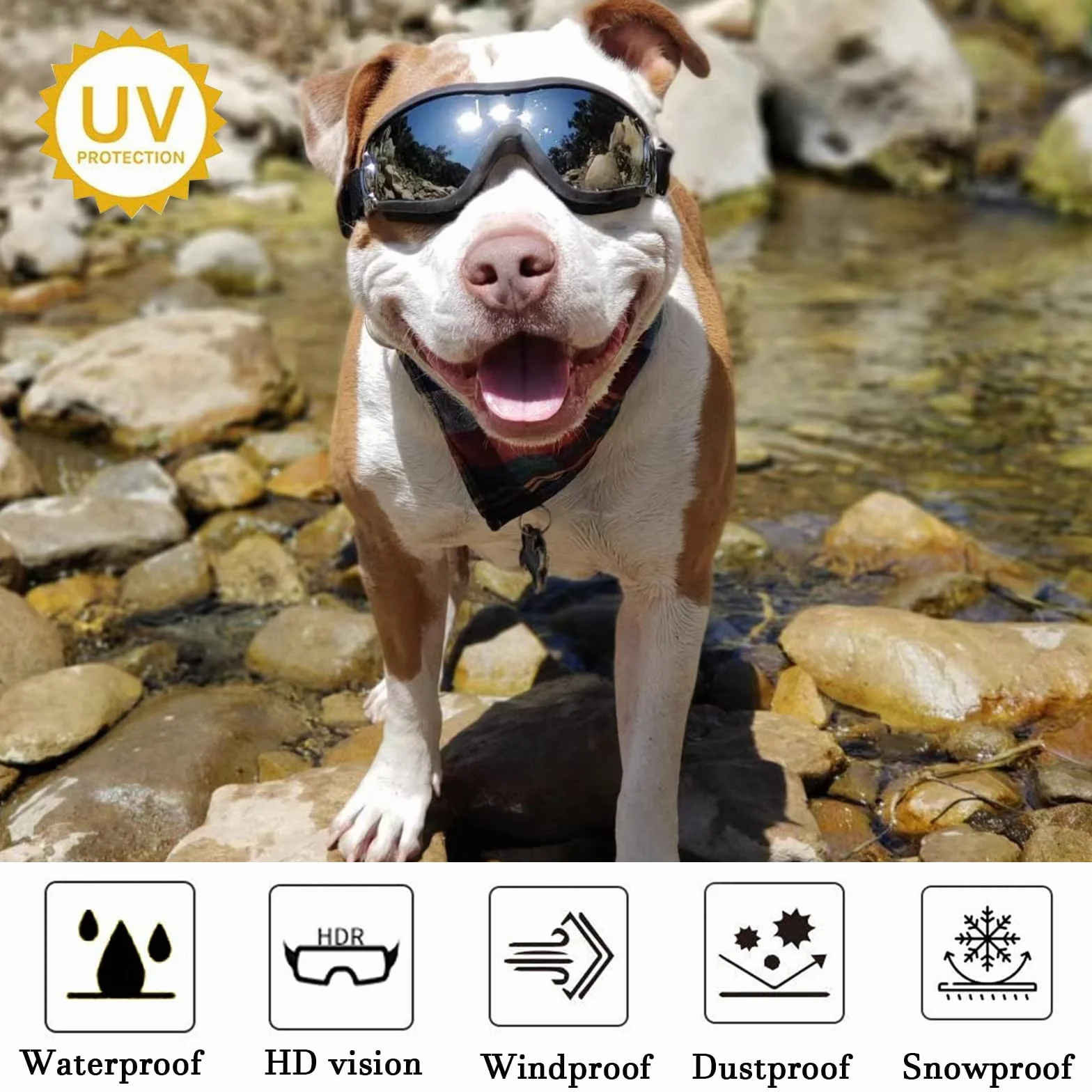 Occhiali per cani, occhiali da sole per cani con cinturino elastico, occhiali UV per animali domestici, proteggono gli occhi del cane da raggi UV, vento, polvere nebbia, razza media/grande