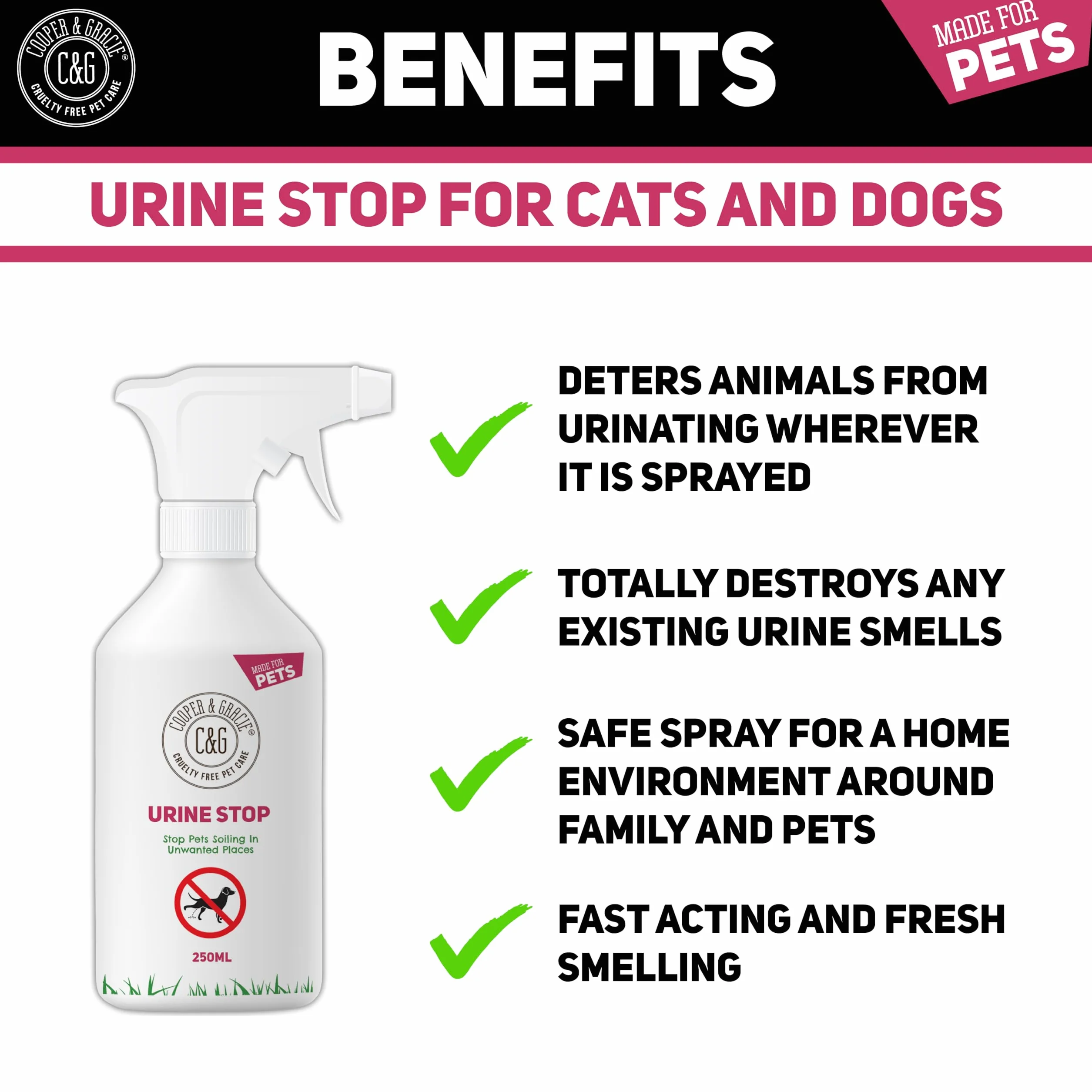 C&G Pets Urine Stop Spray per cani e gatti – Formula a tripla azione – blocca la ripetizione di segni all'interno e all'esterno – Ingredienti naturali, prodotto nel Regno Unito – sicuro per famiglie e