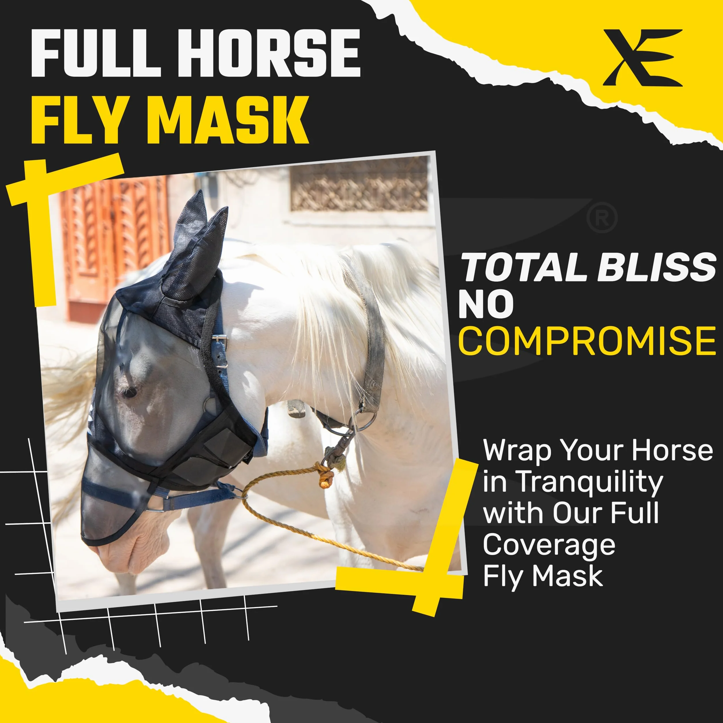 XE Maschera per Mosche per Cavalli con Orecchie-Maschera per Cavalli a Pieno Facciale e Naso in Rete Traspirante per Protezione UV e Mosche Equine (Full Black Mask, Cob (M))