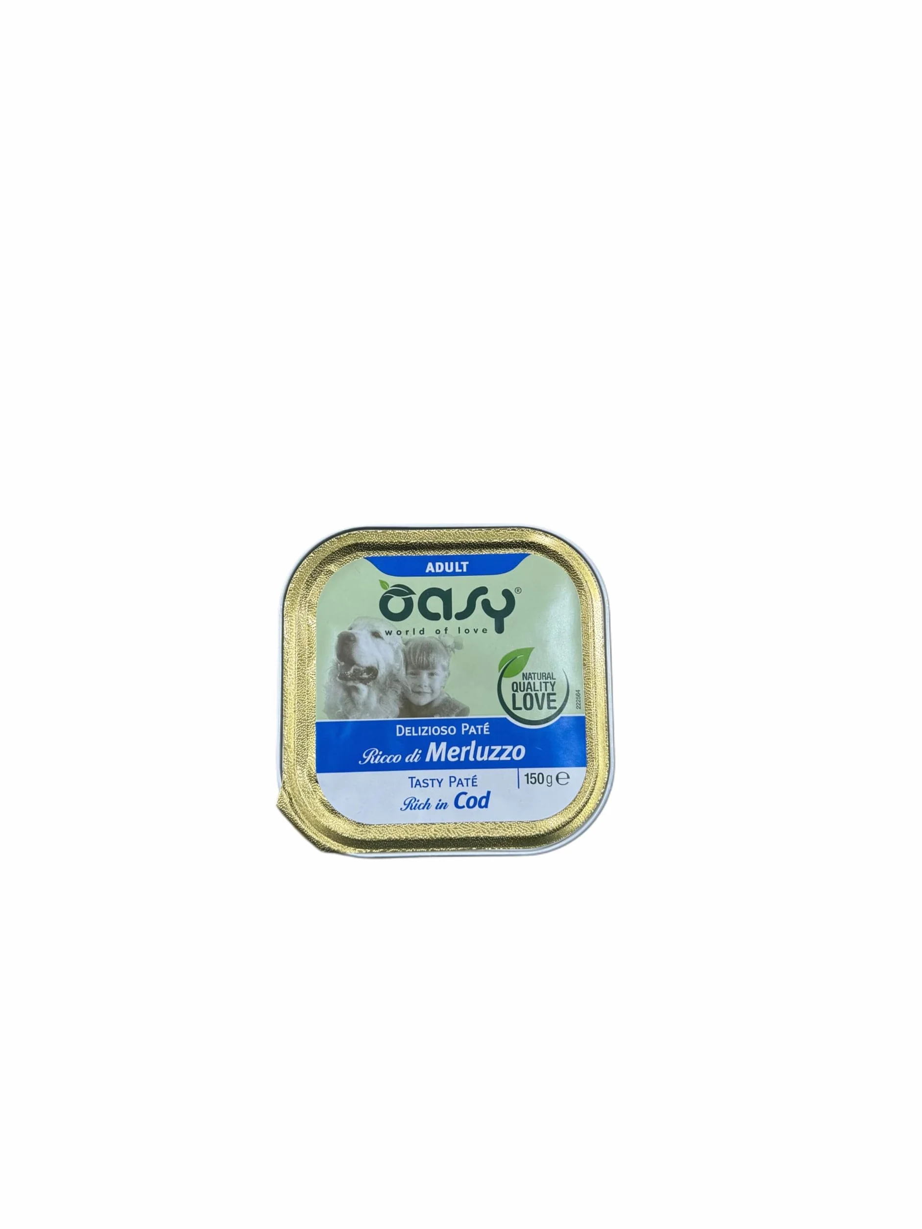 Oasy delizioso patè per cani adulti di tutte le taglie, gusto MERLUZZO | 11 vaschette da 150 grammi l'una.