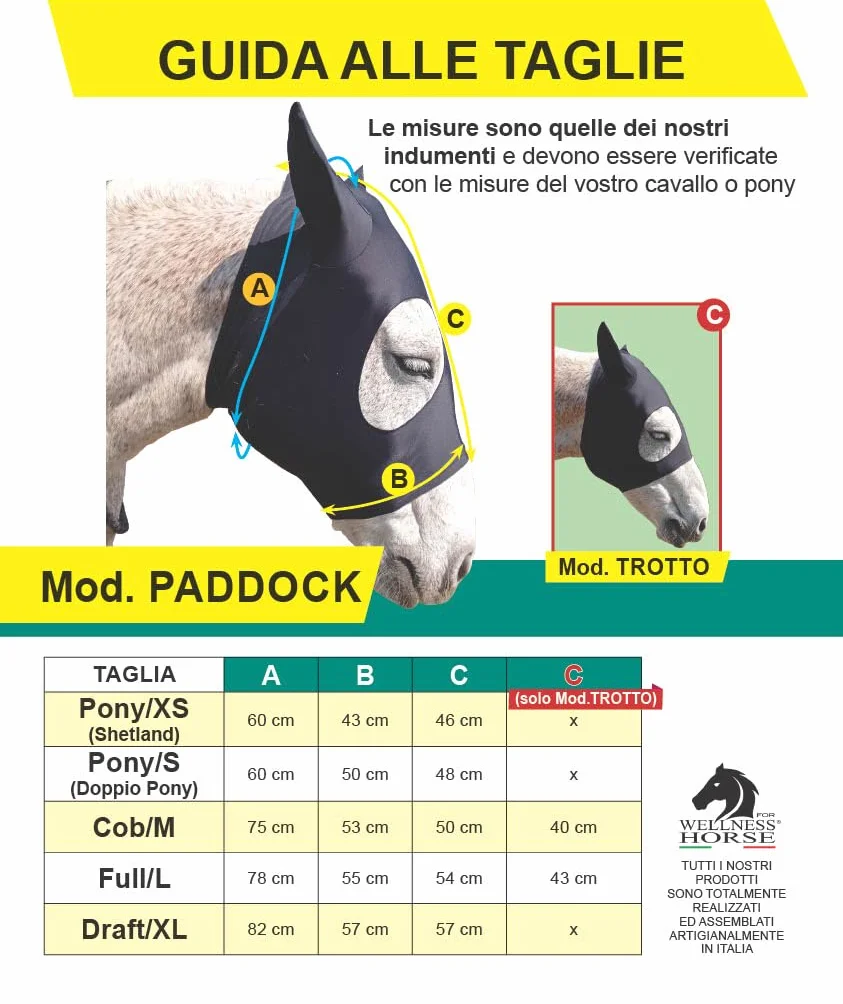 FOR WELLNESS HORSE Maschera per Cavallo in Tessuto di Lycra Anti Mosche MOD. Paddock White COB/M