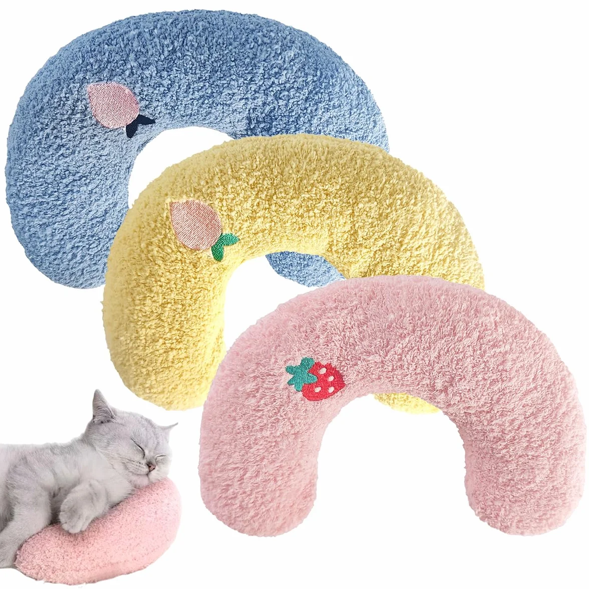 3 Pz Cuscino per Collo di Gatto,Cuscino a Forma di U per Gatti in Morbido e Confortevole,Cuscini Calmante per Animali per Dormire, Riposare, Giocare