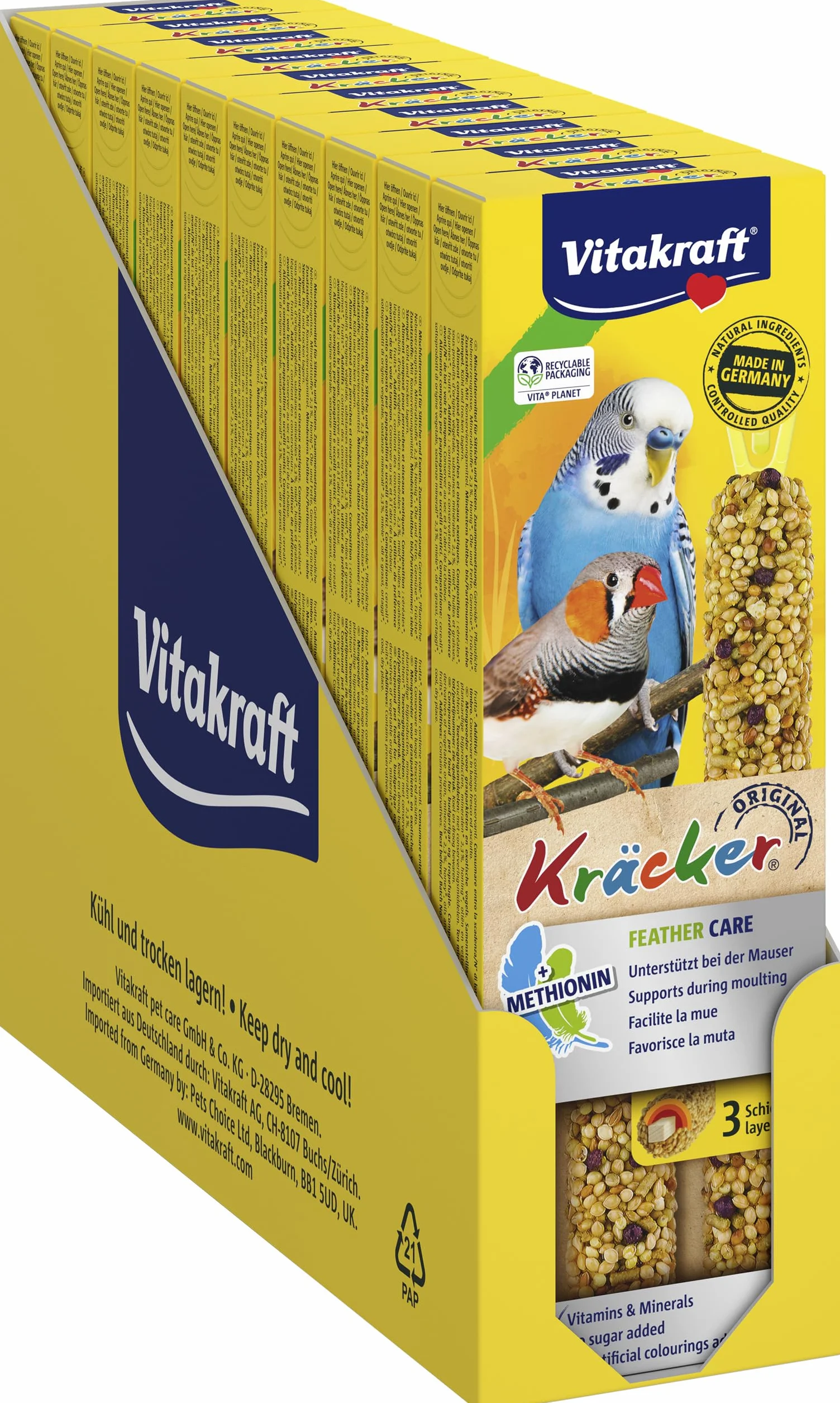 Vitakraft Kräcker, a sostegno della muta, per la muta, bastoncini da sgranocchiare per pappagallini ondulati, con vitamine e minerali, senza zuccheri aggiunti (10x 60g)