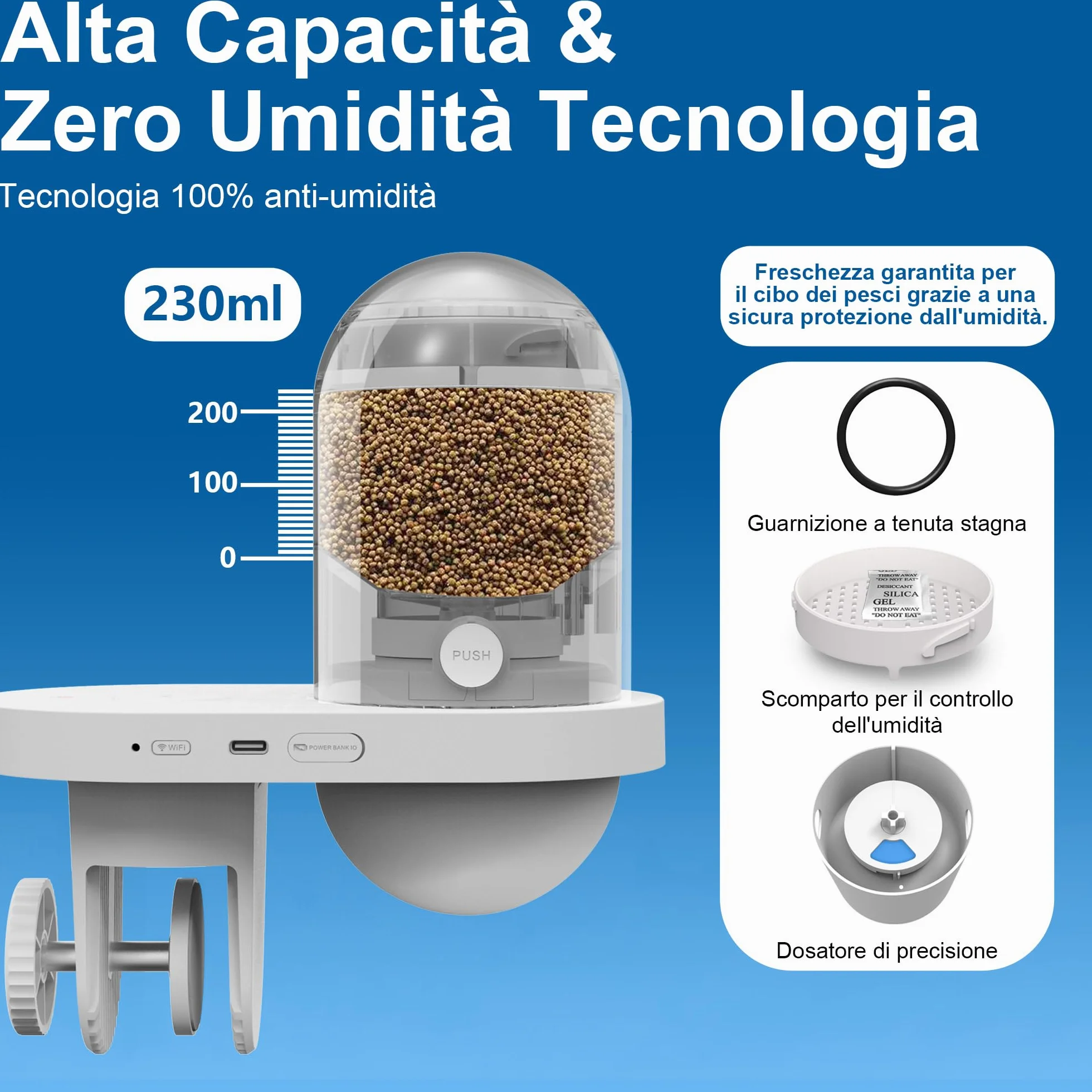 Mangiatoia Automatica WiFi Smart, Camera 2.5K, App 2.4/5G, Dosaggio 0,2g Cura Vacanze, Serbatoio 230ML Anti-Appannamento, Timer, Notifiche, Acquario Marino, Acqua Dolce e Tartarughe
