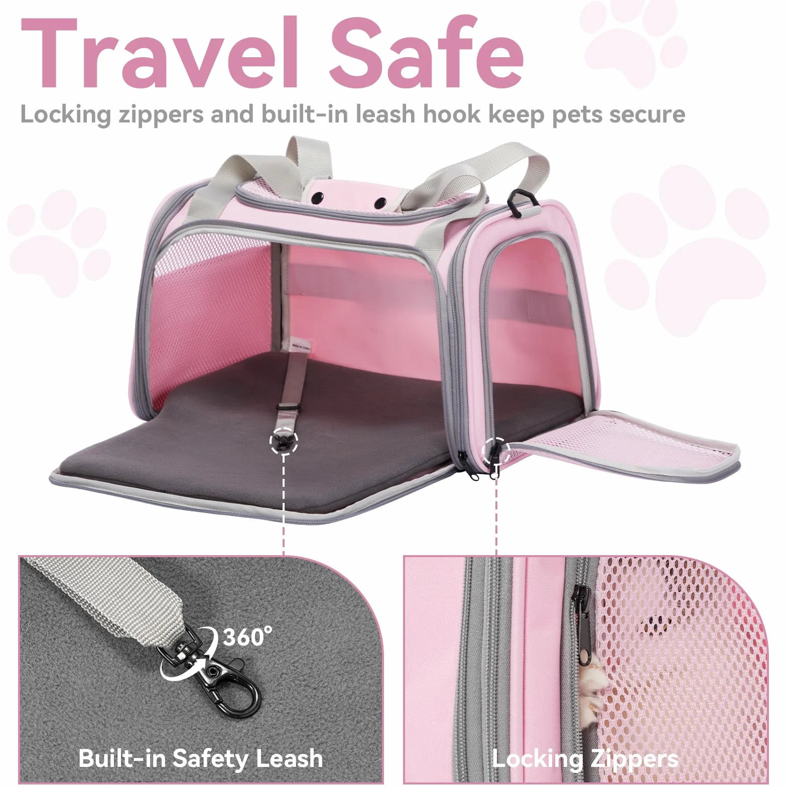 PETSFIT Borsa per gatti con tappetino estensibile, approvato dalle compagnie aeree, trasportino per gatti e cuccioli fino a 5,4 kg (44 x 26,5 x 27 cm, rosa)