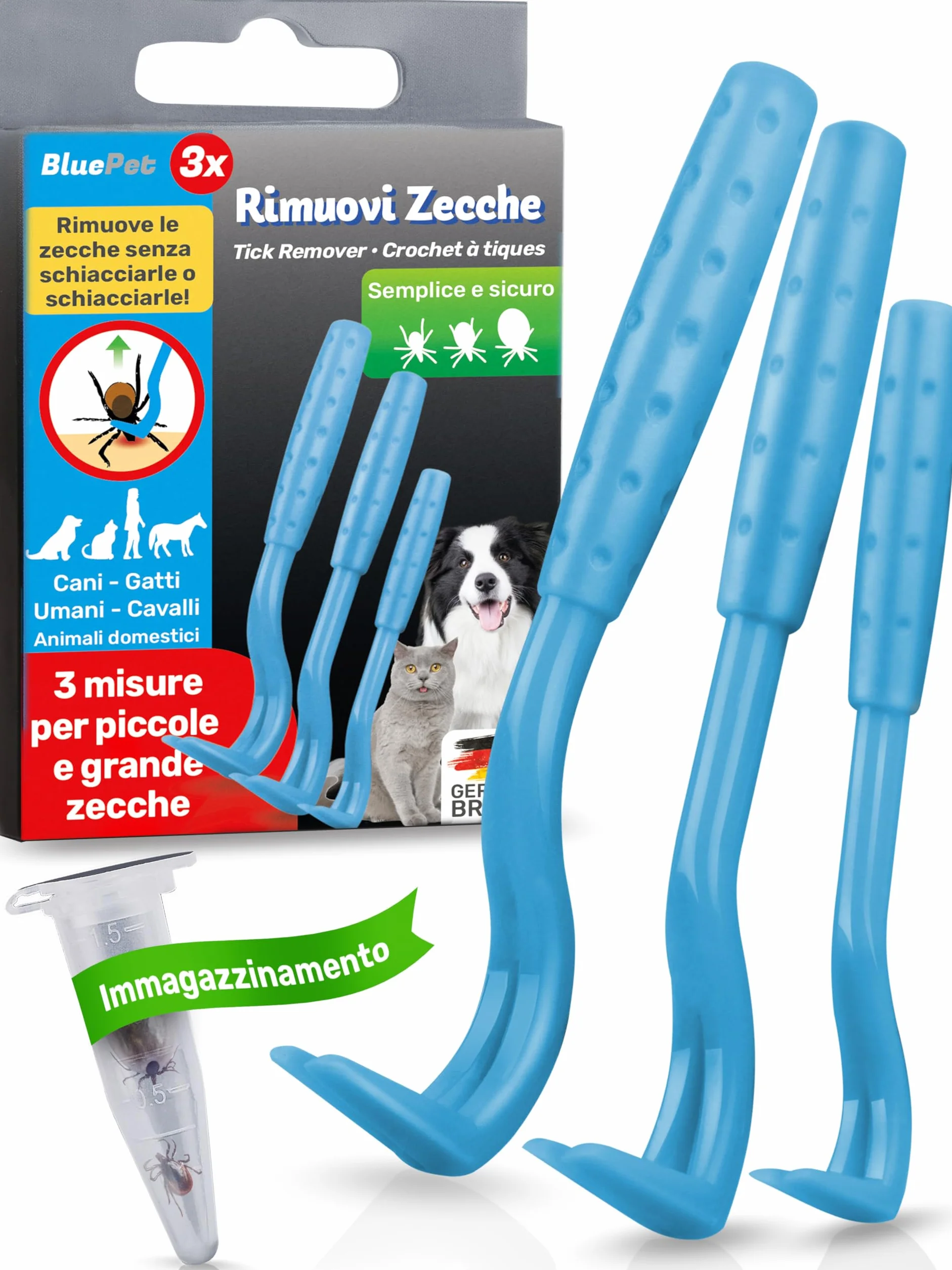 BluePet 3X Ganci per Zecche per Cani, Gatti, Cavalli e Umani - Rimuovi Zecche, Pinza per Zecche per Cane, Gatto, Uomo, Alternativa alle Pinzette per Zecche, Togliere Zecche e Tira Zecche