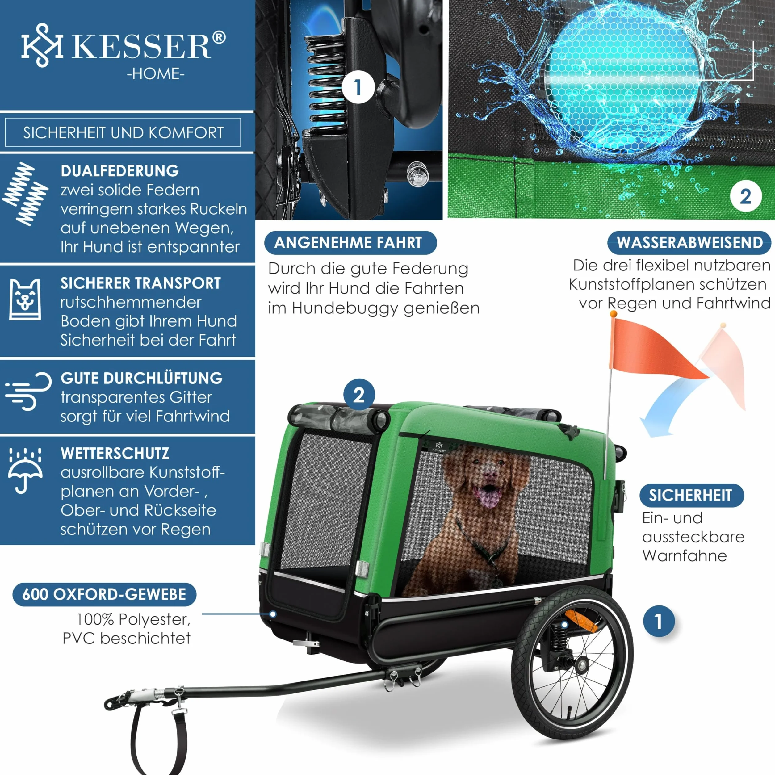 KESSER® Boxer 3-in-1 Rimorchio per Cani, circa 240 Litri di Volume, Tela Oxford 600D, SmartSpace Concept, max. 40 kg incluso Supporto per Bevande e Smartphone, molleggiato