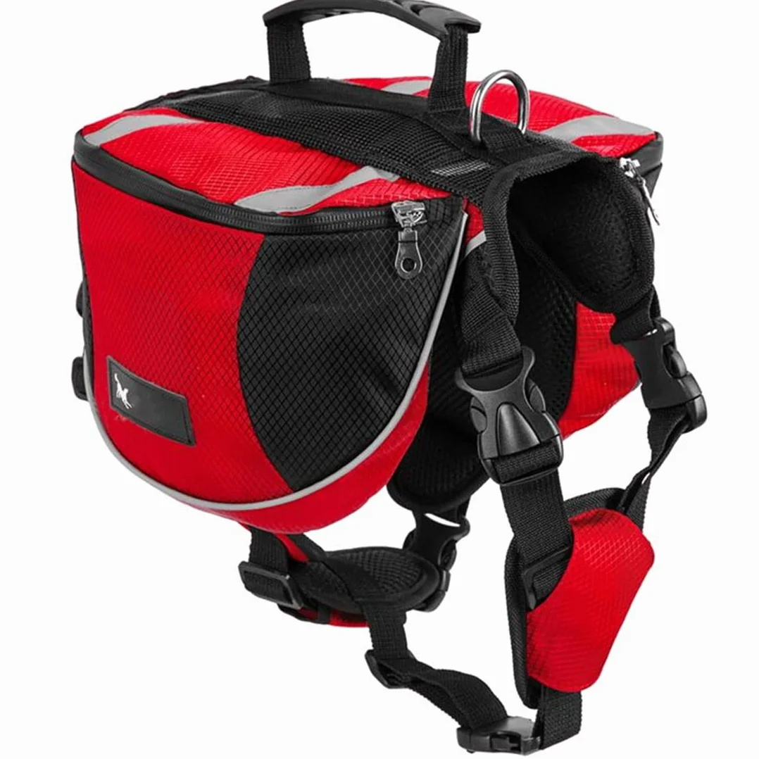 Borsa da Sella per Cani Medio e Grande - Zaino Imbracatura per Viaggio Escursionismo Sport all'aperto, Alforja Regolabile Impermeabile Giubbotto Riflettente con Manico (rosso, M(cane 18kg - 28kg)