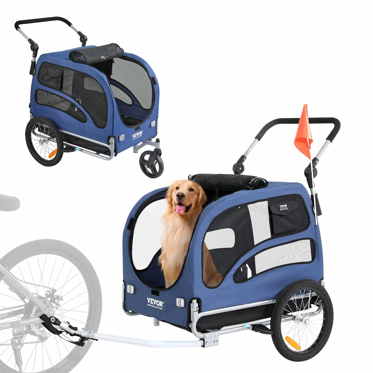 VEVOR Rimorchio Bici per Cani Pieghevole Portata max. 45kg Passeggino per Animali Domestici con Ruote a Sgancio Rapido, Attacco Universale, Carrello per Bici Traino Rimorchio per Animali Nero/Blu