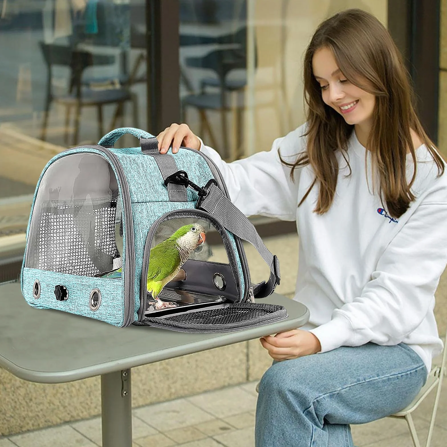 Borsa per il Trasporto di Uccelli con Asta e Vassoio in Acciaio Inox, Zaino Portatile per Pappagalli con Asta di Legno (Blue)