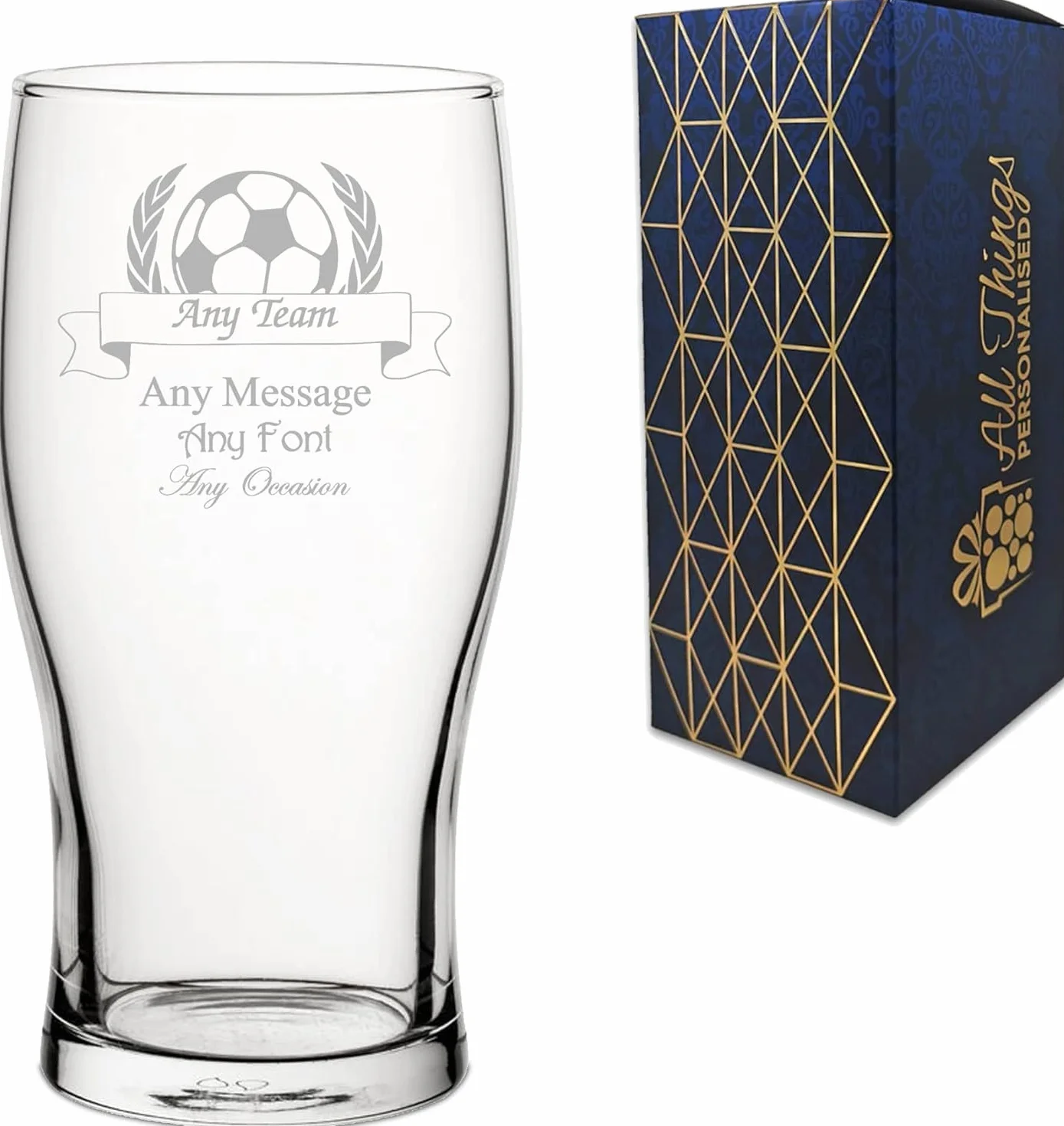 All Things Personalised Bicchiere Birra Pinta Personalizzato 0,5L - Bicchiere Inciso con Nome Squadra e Messaggio, Design Calcio e Coppa - Regalo Tifosi Calcio, Tornei, Compleanno - Confezione Regalo