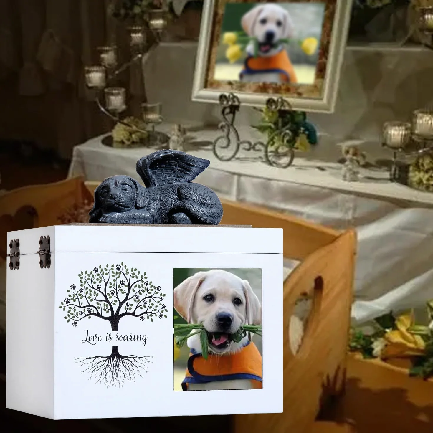 Urne Commemorative per Cani o Gatti, urna funebre in Legno con Cornice per Foto, Scatola commemorativa con Flanella Nera Come Fodera, Regalo commemorativo per Animali Domestici