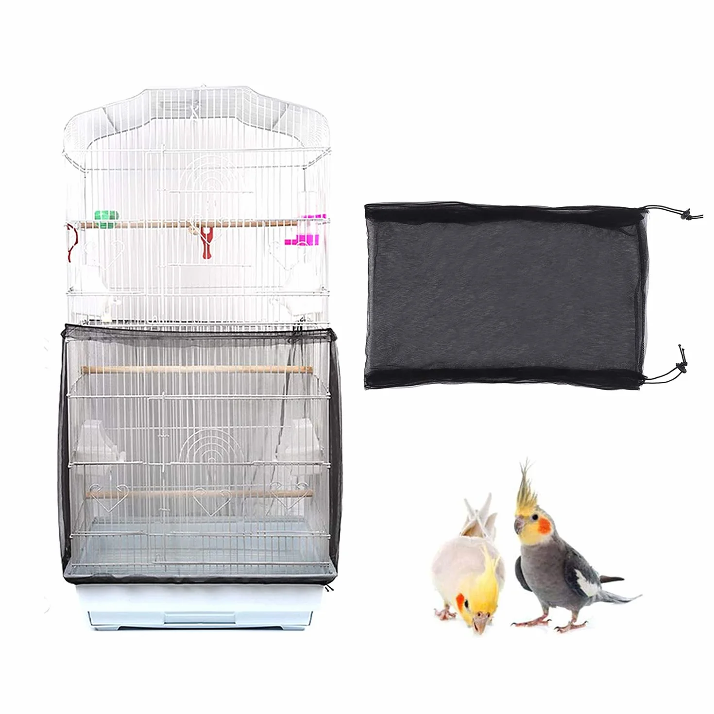 TSHAOUN Gabbia per Uccelli Rete in Nylon Copertura, Extra Large Bird Cage Seed Catcher, Copertura universale per Guardia Voliera per Uccelli Pappagalli, Ventilata e Antipolvere Taglia L (Nero)