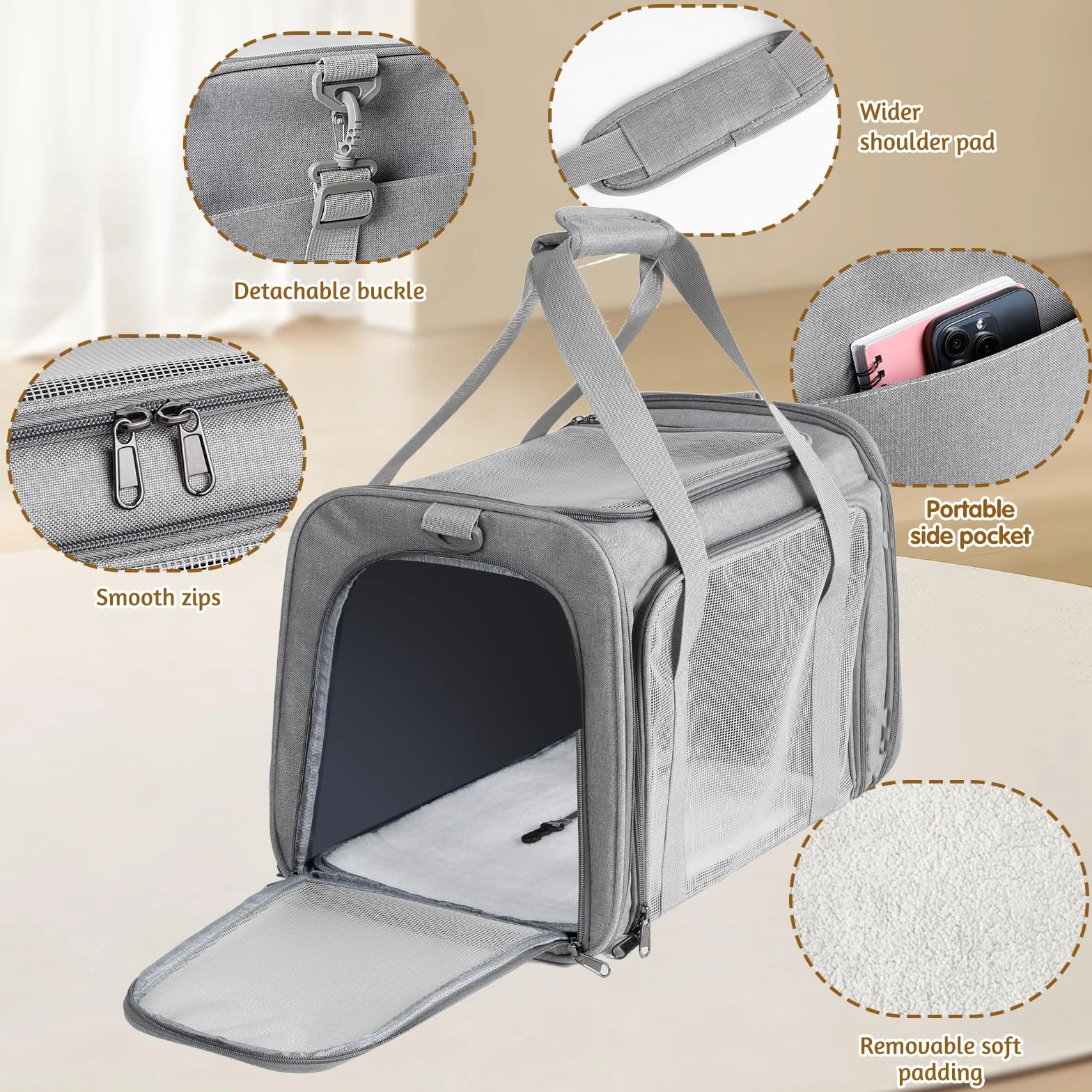 Borsa da Trasporto Traspirante Pieghevole per Gatto e Cane, Capacità 3-6 Kg, Media Taglia, per Viaggio in Aereo