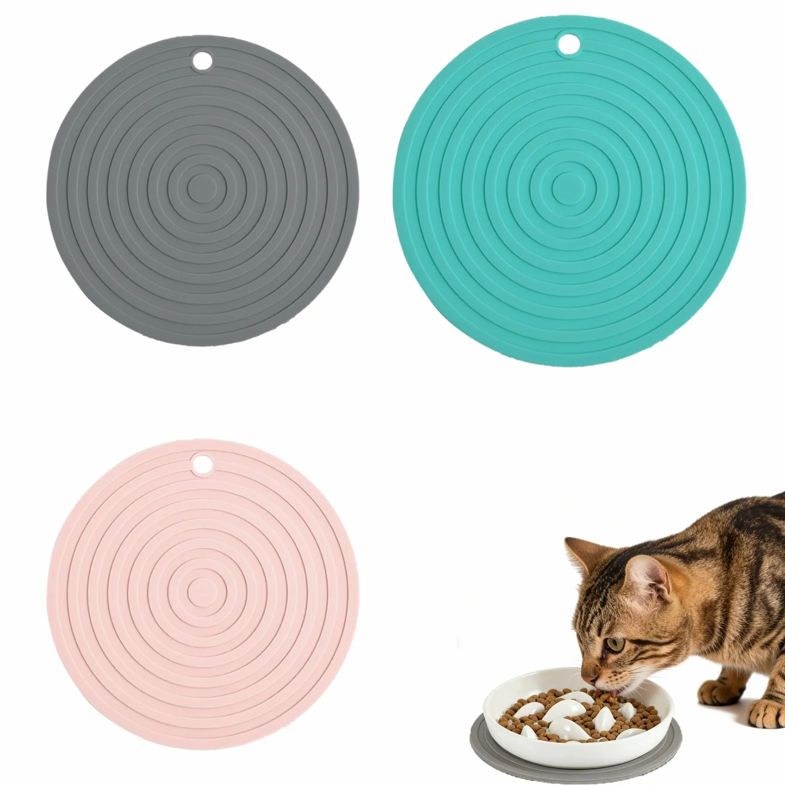 Tappetino Sottociotola per Cani e Gatti, Set 3 Pezzi in Silicone Antiscivolo Impermeabile, 2 x 16 cm e 1 x 18 cm, Base per Ciotole Cibo Acqua, Protezione Pavimento per Casa Viaggio e Campeggio