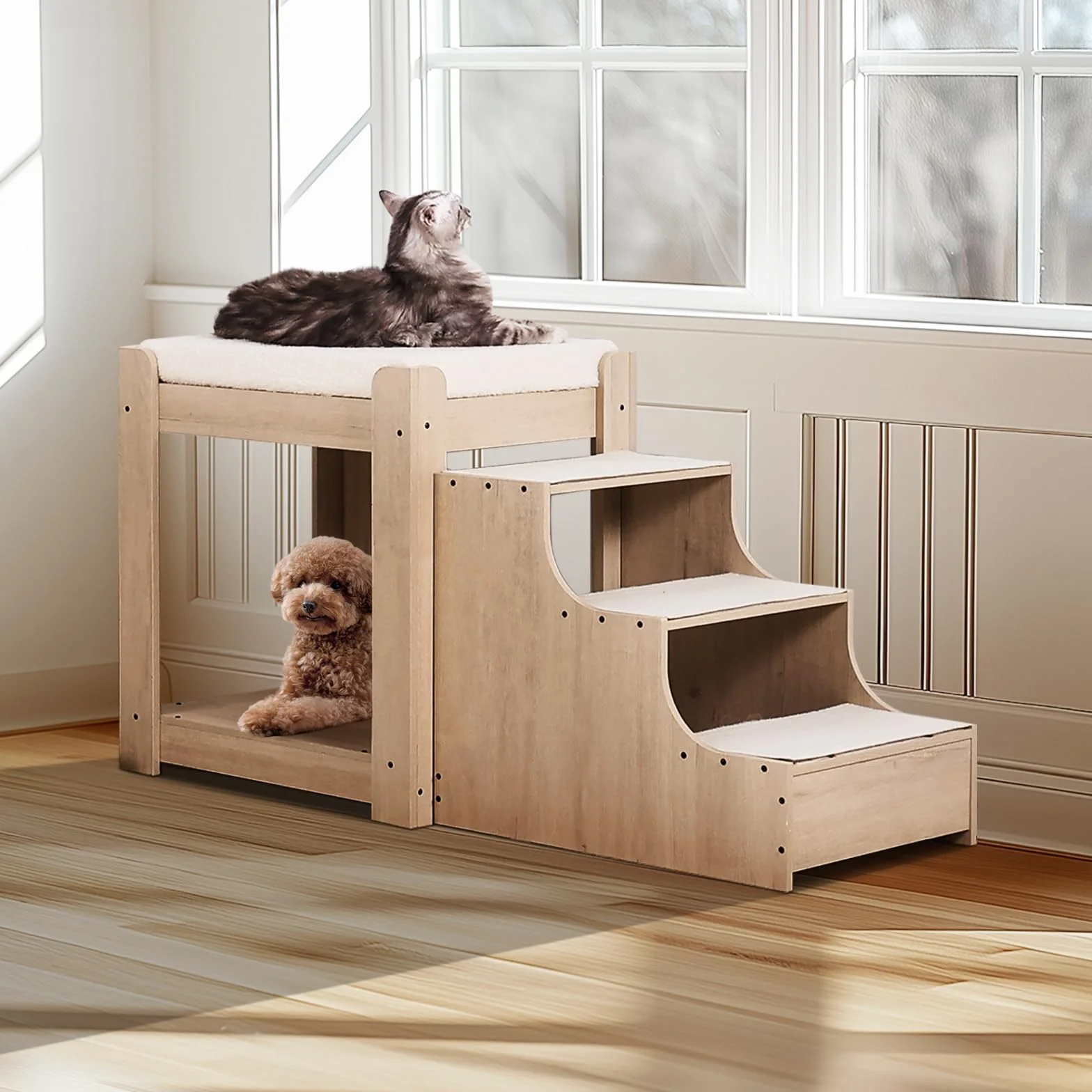 VEVOR Letto a Castello per Animali Domestici con Scale, Trespolo per Finestra per Cani/Gatti, Piattaforma Rialzata con Cuscino in Schiuma, Beige
