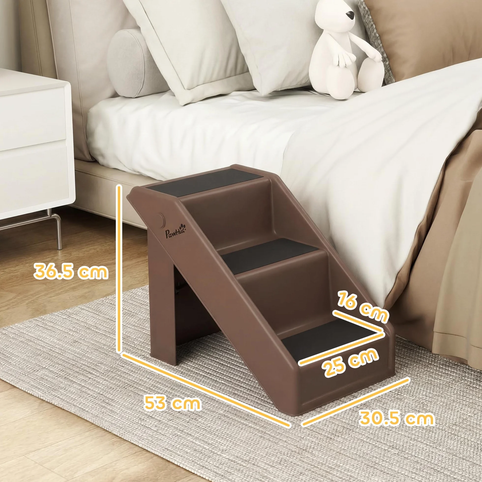 PawHut Scaletta per Cani e Gatti Pieghevole 3 Scalini Antiscivolo 10 kg 53x30.5x36.5 cm Marrone