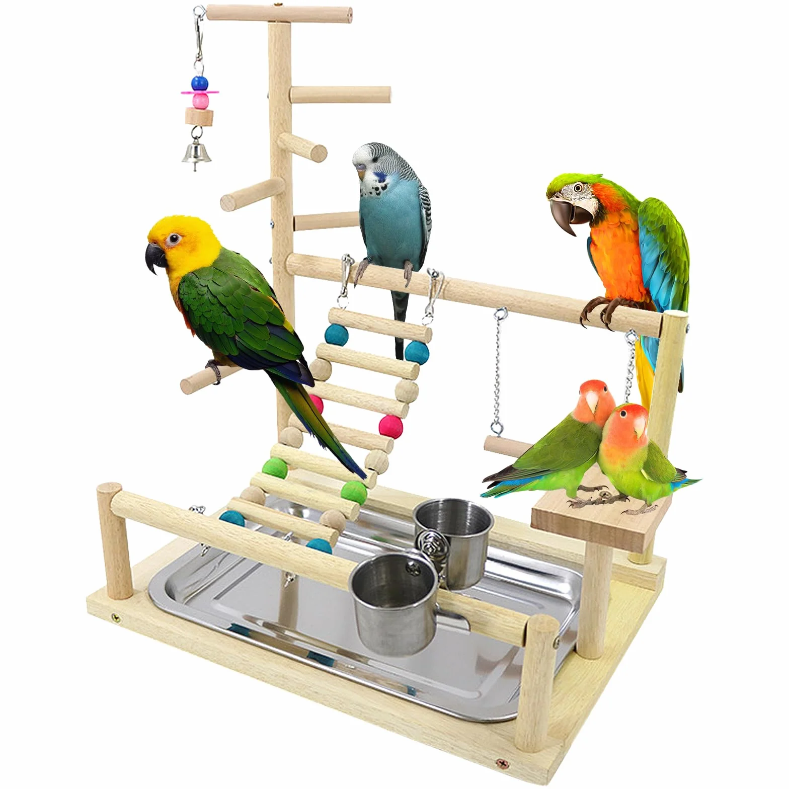 Parco giochi per uccelli pappagalli con alimentatore vassoio legno 44 x 37 x 26 cm