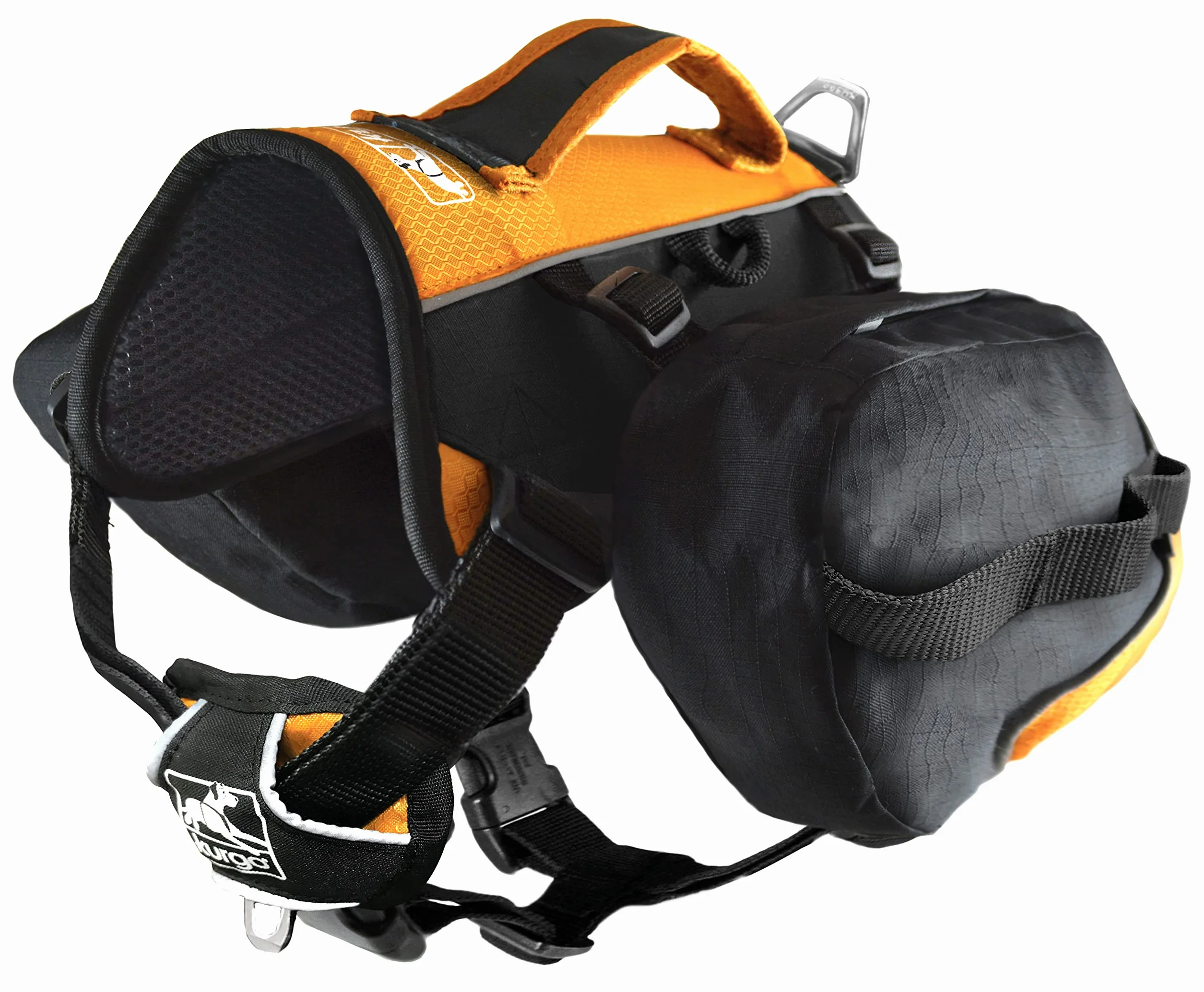 Kurgo Baxter - Zaino per Cani da Escursione con Supporto Ergonomico per la Schiena, Carico Bilanciato e Borse Laterali Resistenti - Per Cani 14–39 kg - Nero e Arancione