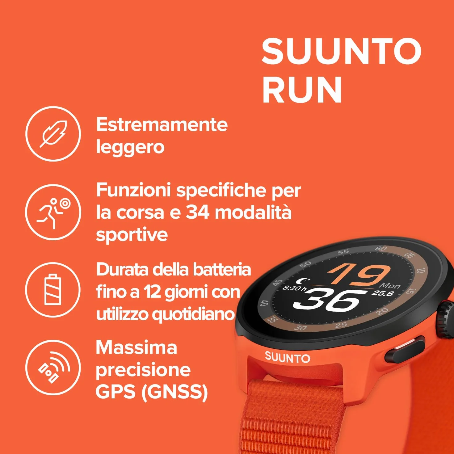 SUUNTO RUN Orologio Sportivo da Corsa, 1,32" AMOLED Touchscreen, Tracker Attività, Smartwatch per Running, GPS Dual Band, Monitoraggio della Frequenza Cardiaca/Sonno, 12 Giorni di Autonomia, Musica