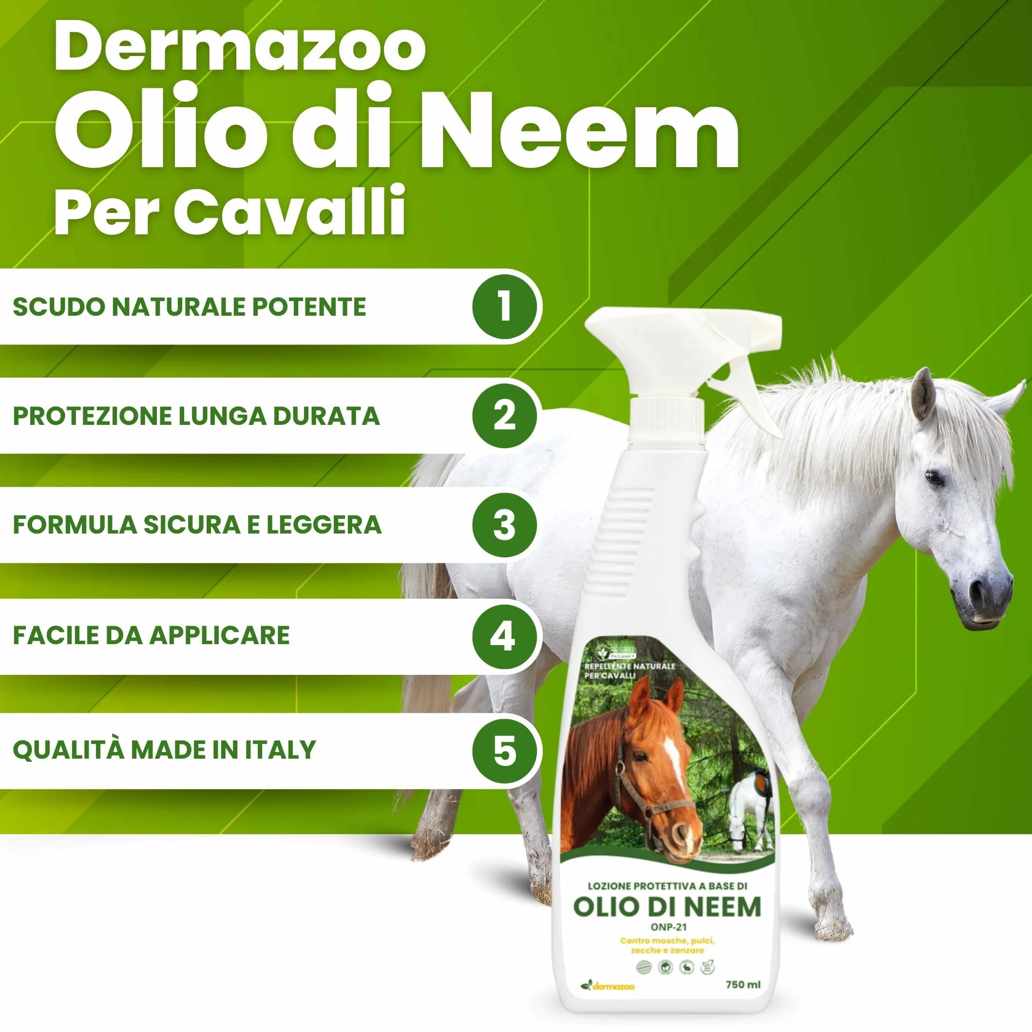 Dermazoo Olio di Neem per Cavalli ONP-21 Repellente Antipulci 2 x 750ml Spray Antizanzare