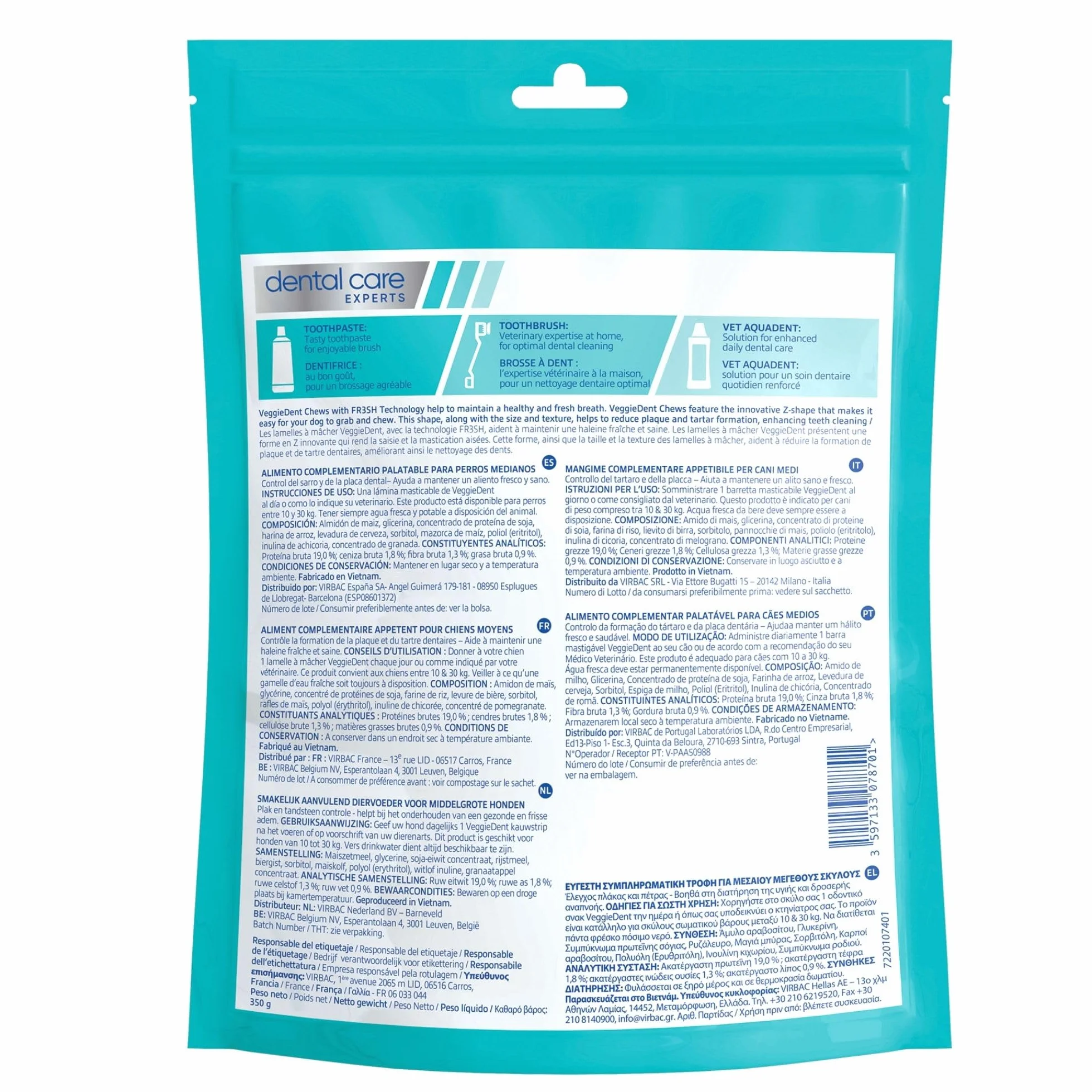 Virbac VeggieDent M - Strisce da masticare per cani di taglia media (da 10 a 30 kg), 3 x 15 strisce