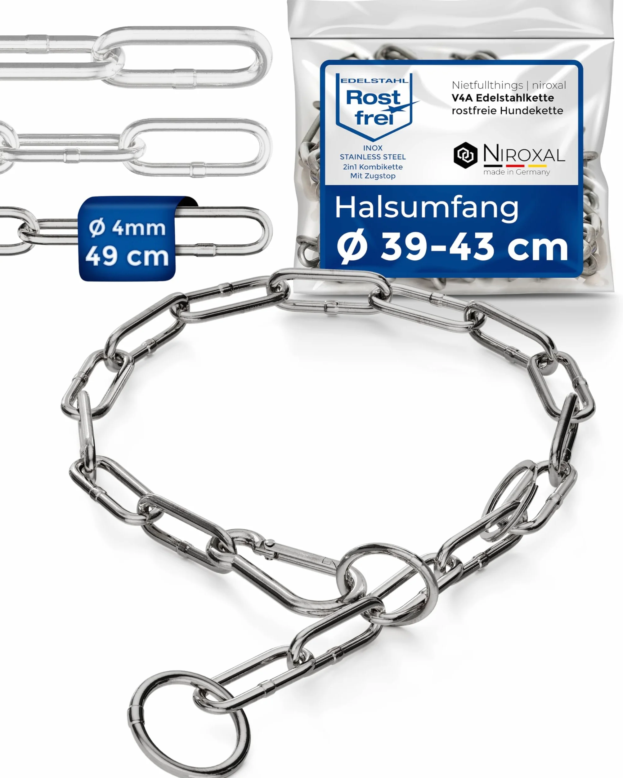 Collare cane acciaio inox A4 V4A Ø6 mm – lunghezza totale 74 cm – con moschettone – maglia lunga per scorrimento fluido – per circonferenza collo 62–66 cm