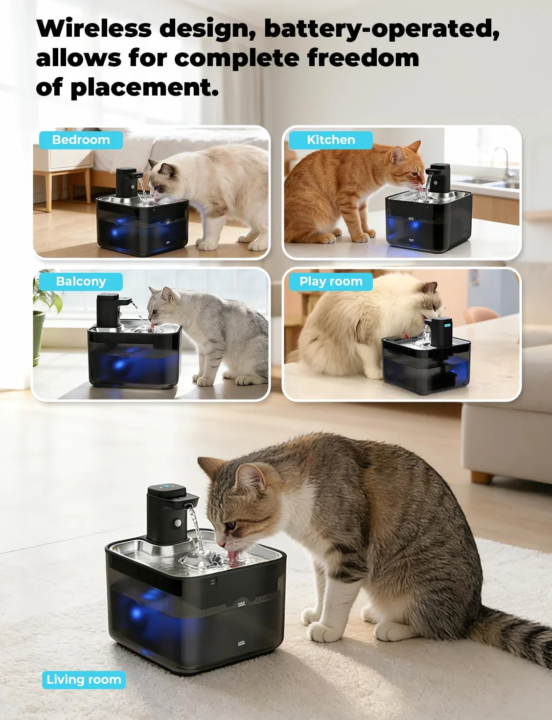 KYG Fontanella per Gatti Senza Fili, 3L Fontanella Gatto Automatica con Sensore di Movimento, Vassoio Acciaio Inox 304, Fontana per Gatti Silenziosa, 4000mAh(Modulo Alimentazione Removibile), Nero