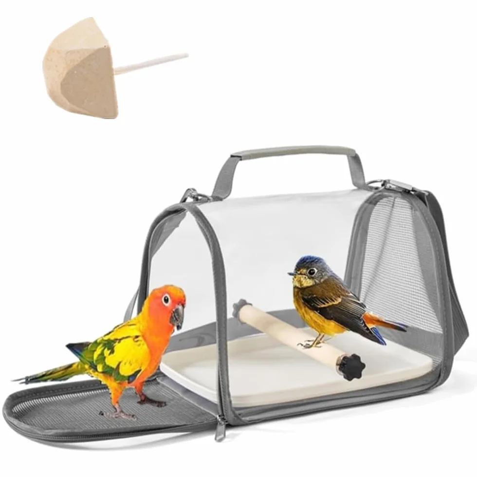 Borsa per uccelli,borsa da viaggio,completamente trasparente,19,5*26*19cm,portauccelli portatile con vassoio in plastica,palo di legno,traspirante per animali domestici,1 molari da pietra (grigio.)