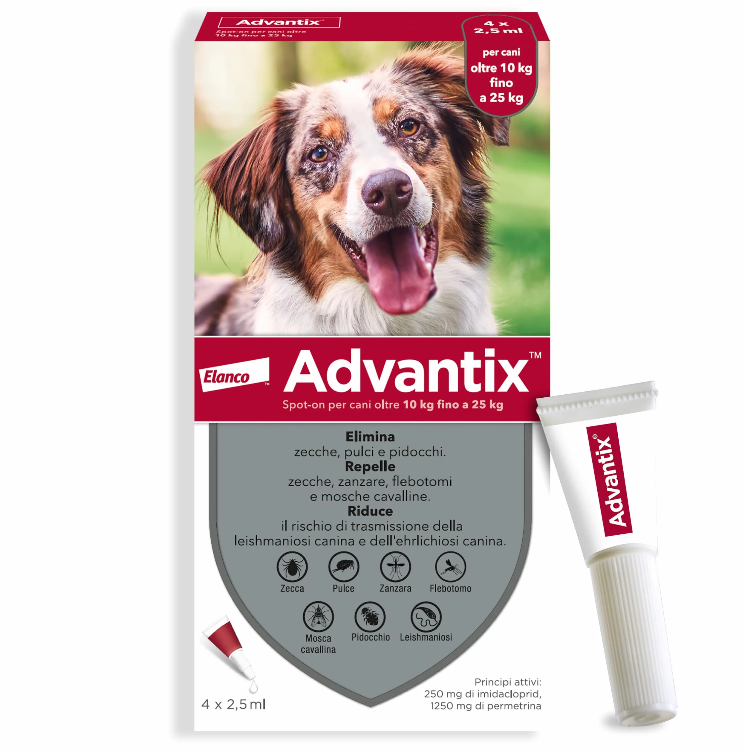 Advantix Spot-on Antiparassitario per Cani 10-25 kg, 4 Pipette 2.5 ml, Elimina Zecche Pulci e Larve