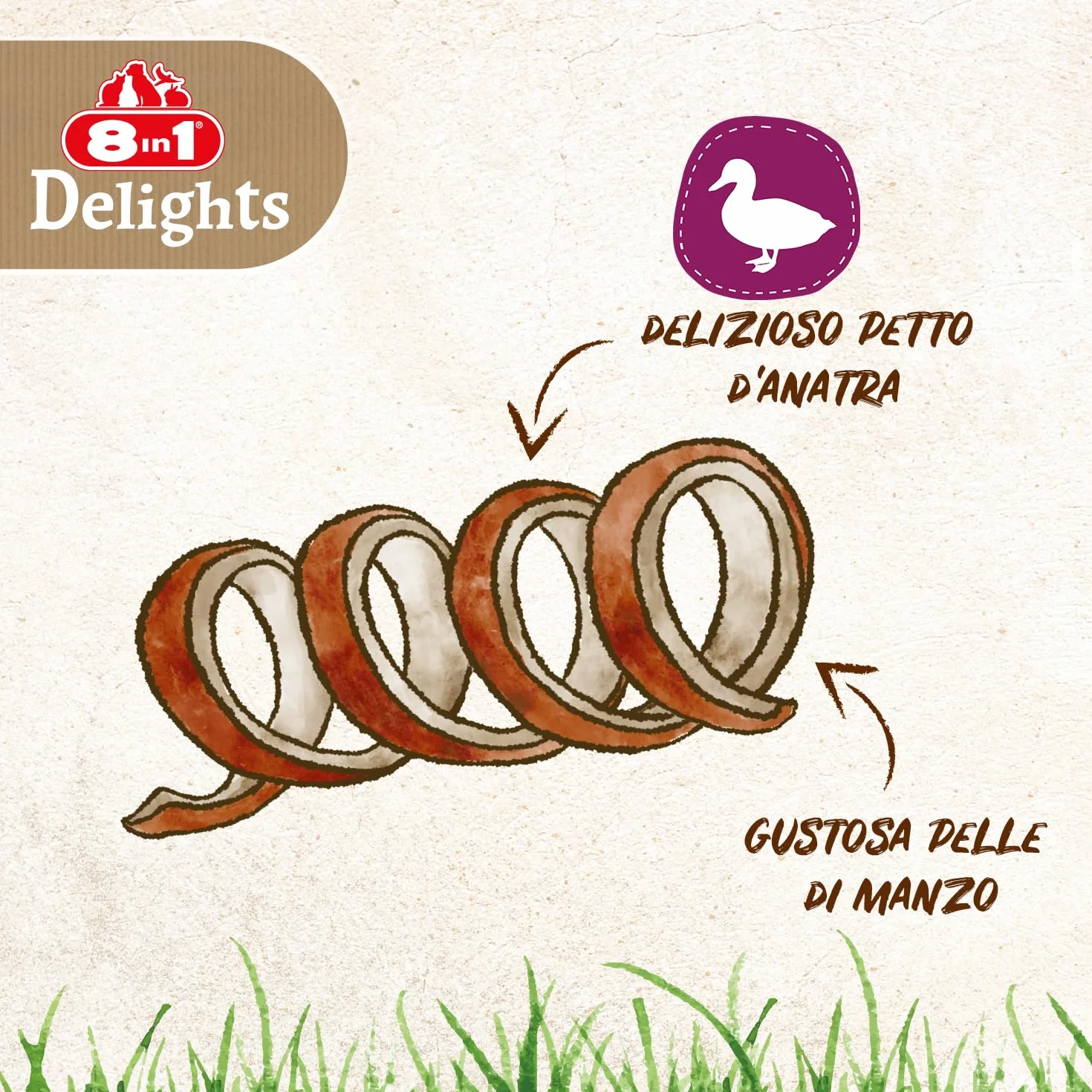 8in1 Delights Duck Spirals - Snack masticabile sano per cani, carne di anatra di alta qualità avvolta in pelle di manzo, 6 pezzi
