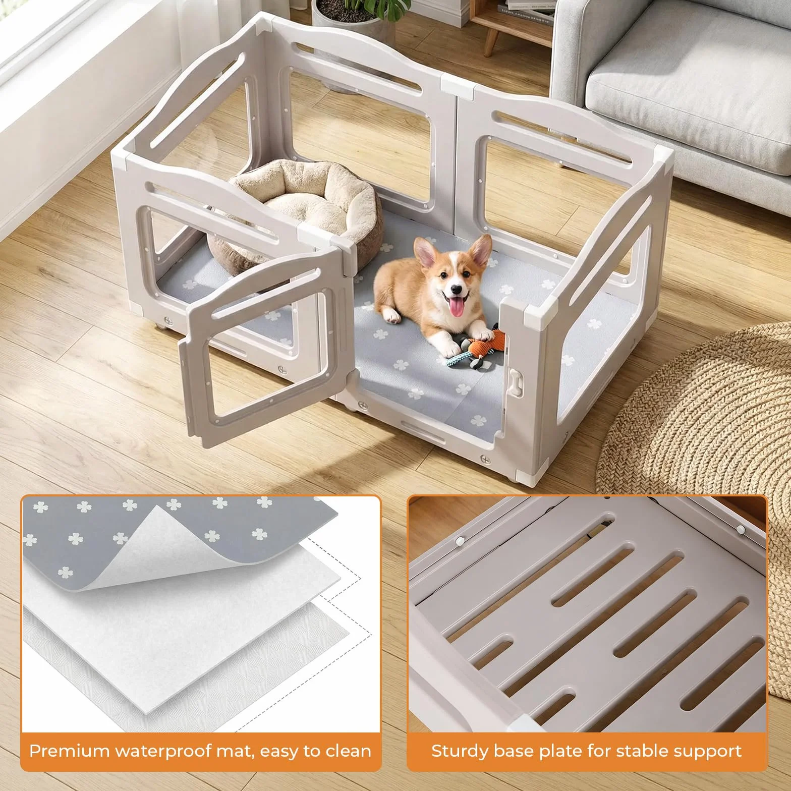 MAMIZO Recinto per Cani Acrilico 126 × 68 cm, Box per Cuccioli con Ruote e Base, Box per il Parto Cani con Cuscinetto Impermeabile, 5+1 PCS Pannelli Parco per Cani adatto Appartamento, Grigio Caldo