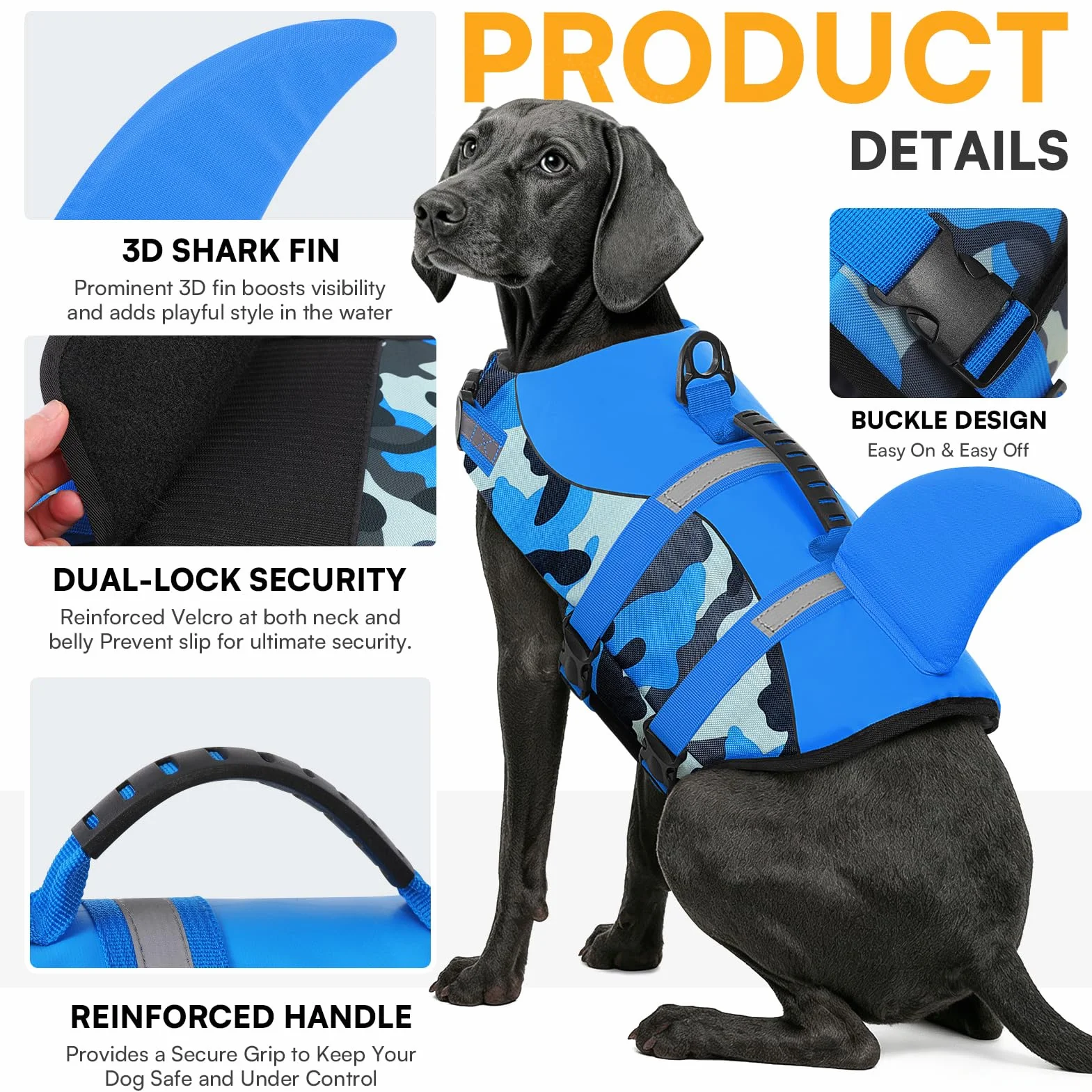 Queenmore Giubbotto di salvataggio per cani in ripstop con squalo, regolabile, elevata galleggiabilità, manico di salvataggio, per cani piccola media grande, blu mimetico