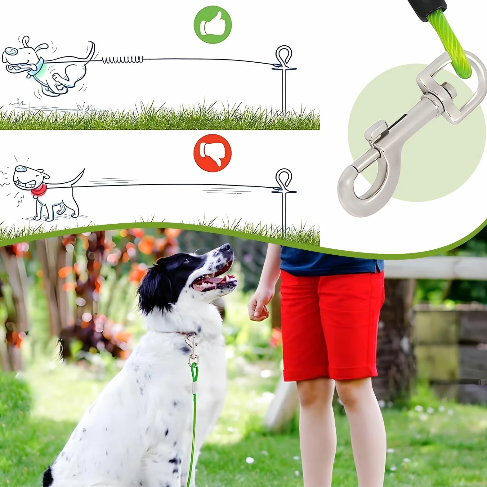 Cavo per legare il cane, 15m,verde, per esterni,con chiusura a vite, con corridore per cani per cortile e campeggio,guinzaglio per animali domestici per giardino