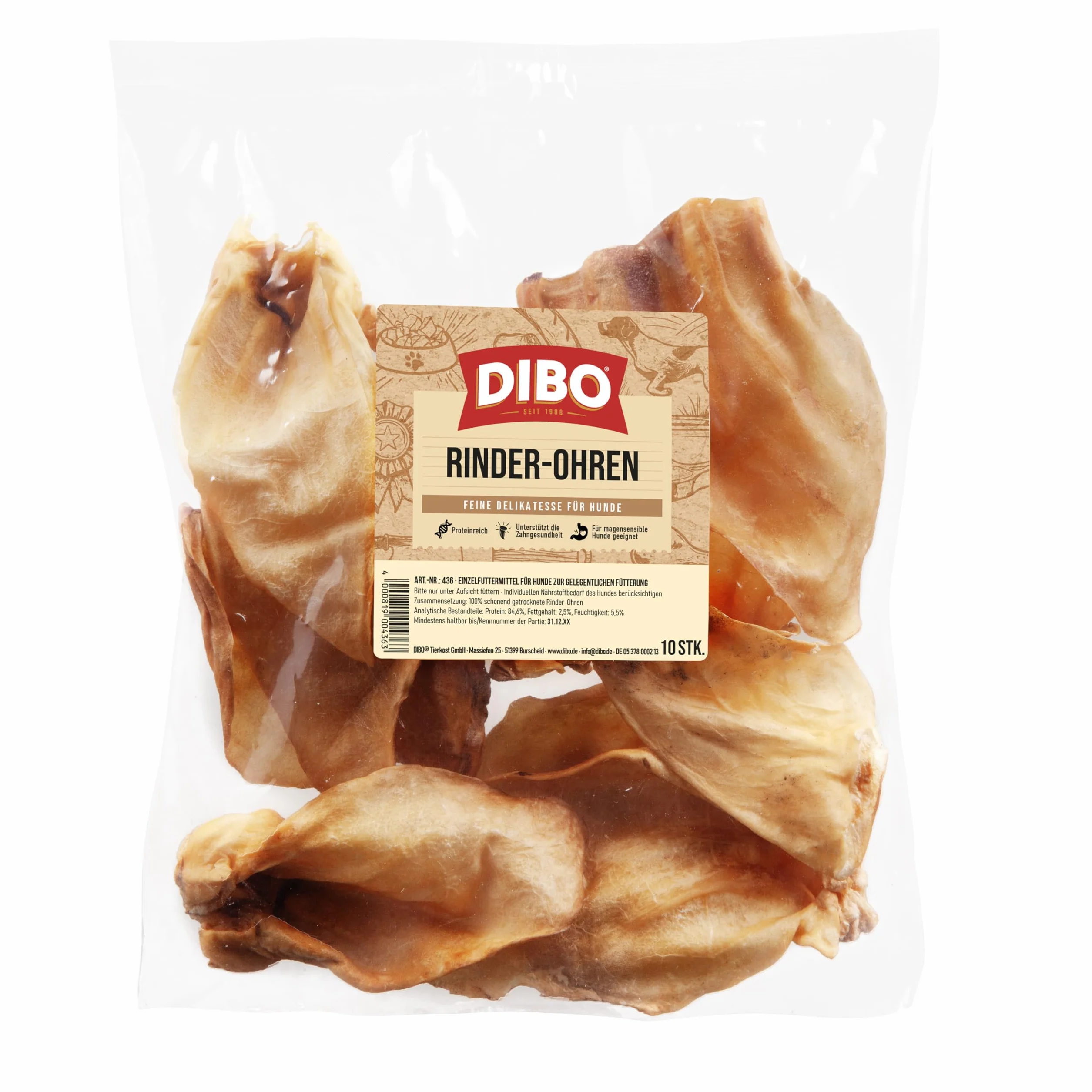 DIBO Orecchie di manzo, 10 sacchetti, piccoli snack o dolcetti per cani, prodotti da masticare di qualità senza prodotti chimici