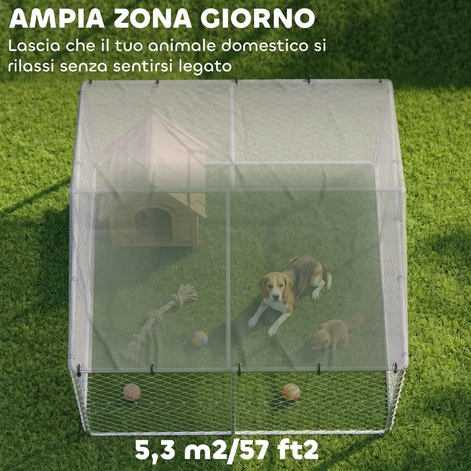 PawHut Kennel Gabbia per Cani da Esterno Grande, Recinto con Tetto Anti-UV Impermeabile, Porta Reversibile, Acciaio Zincato, 230x230x170cm, Argento