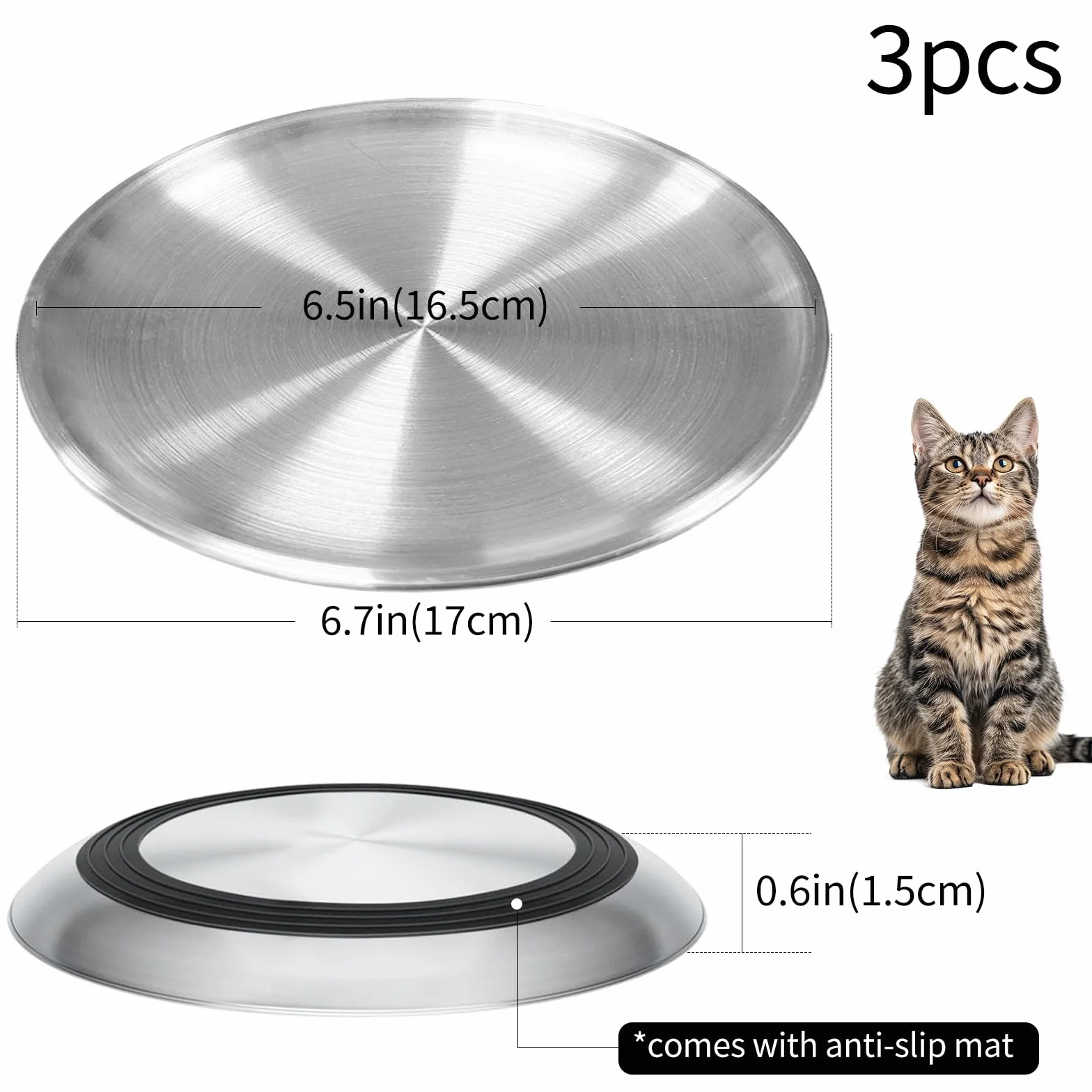 Set di 3 Ciotole per Gatti, Ciotole per Gatti in Acciaio Inossidabile con Base in Gomma Antiscivolo Ciotola Piatta Adatta ai Baffi, Facile da Pulire (17 cm/6,7 Pollici)