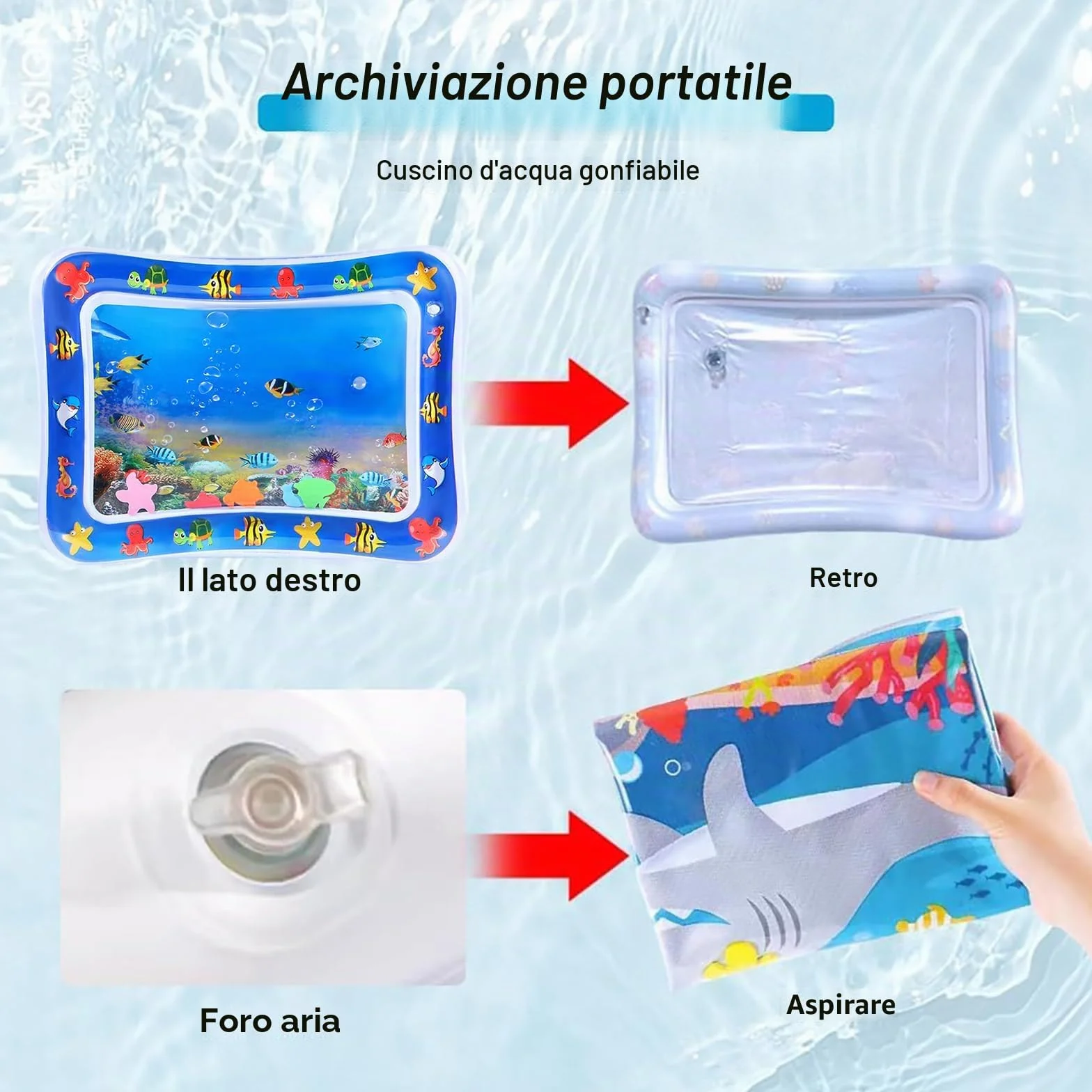 Vinuwu - Tappetino ad acqua per animali domestici, gonfiabile, per il gioco, spesso, adatto per gatti, effetto rinfrescante (motivo pesci)