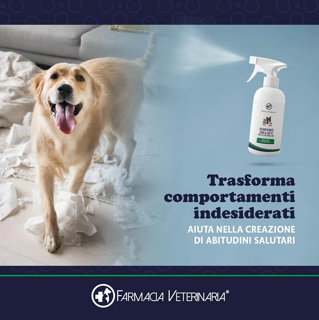 Farmacia Veterinaria - Disabituante Repellente per Gatti e Cani - Spray Anti Pipi Dissuasore Elimina Odori - Divano Mobili Tessuti Interno Esterno 500ml