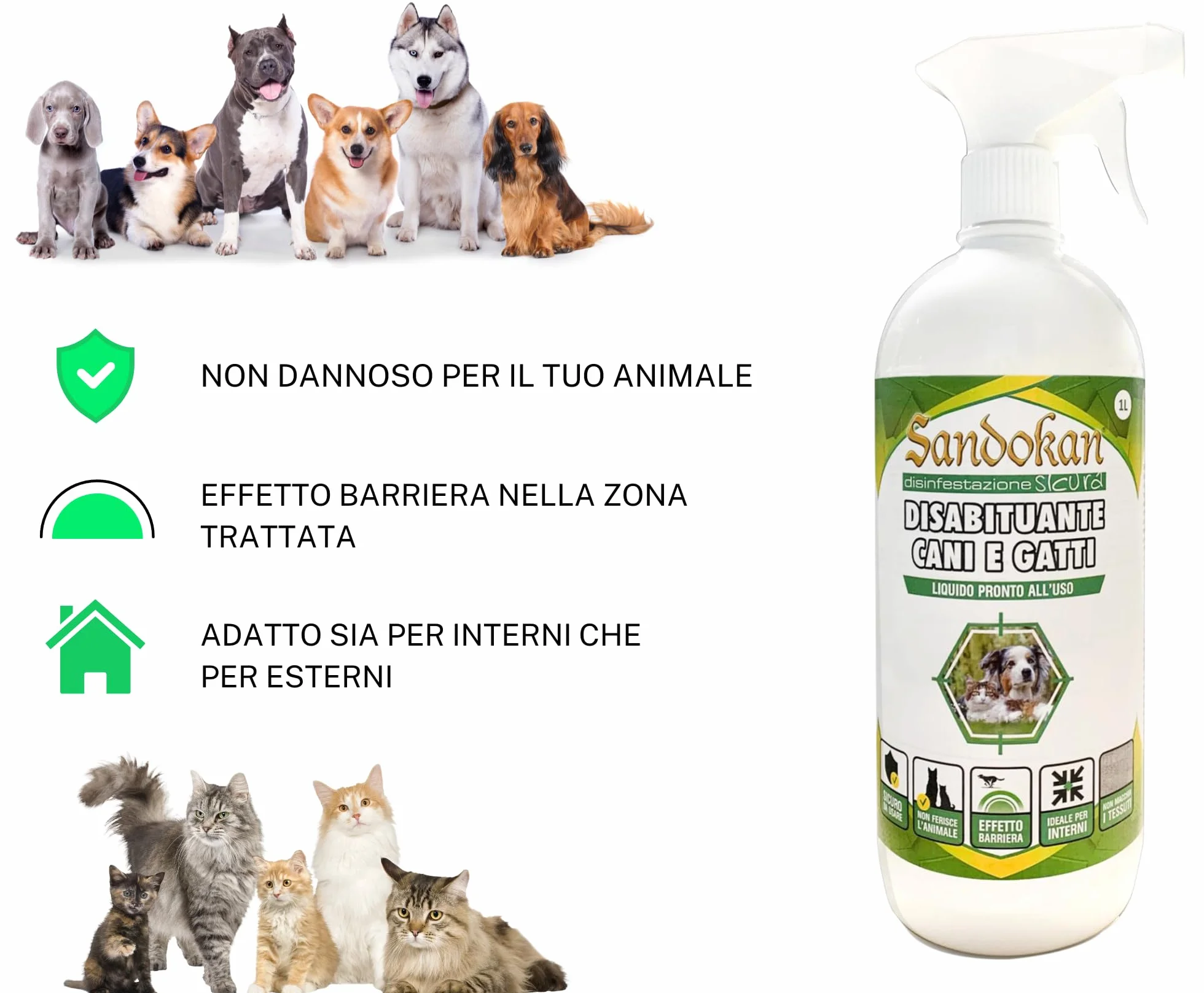 Sandokan, Disabituante Cani e Gatti Spray 1L, Repellente per Gatti e Cani Educativo No Gas, Dissuasore per Gatti e Cani Liquido per Esterno e Interno, Non Tossico, Sicuro Per Animali, Made in Italy