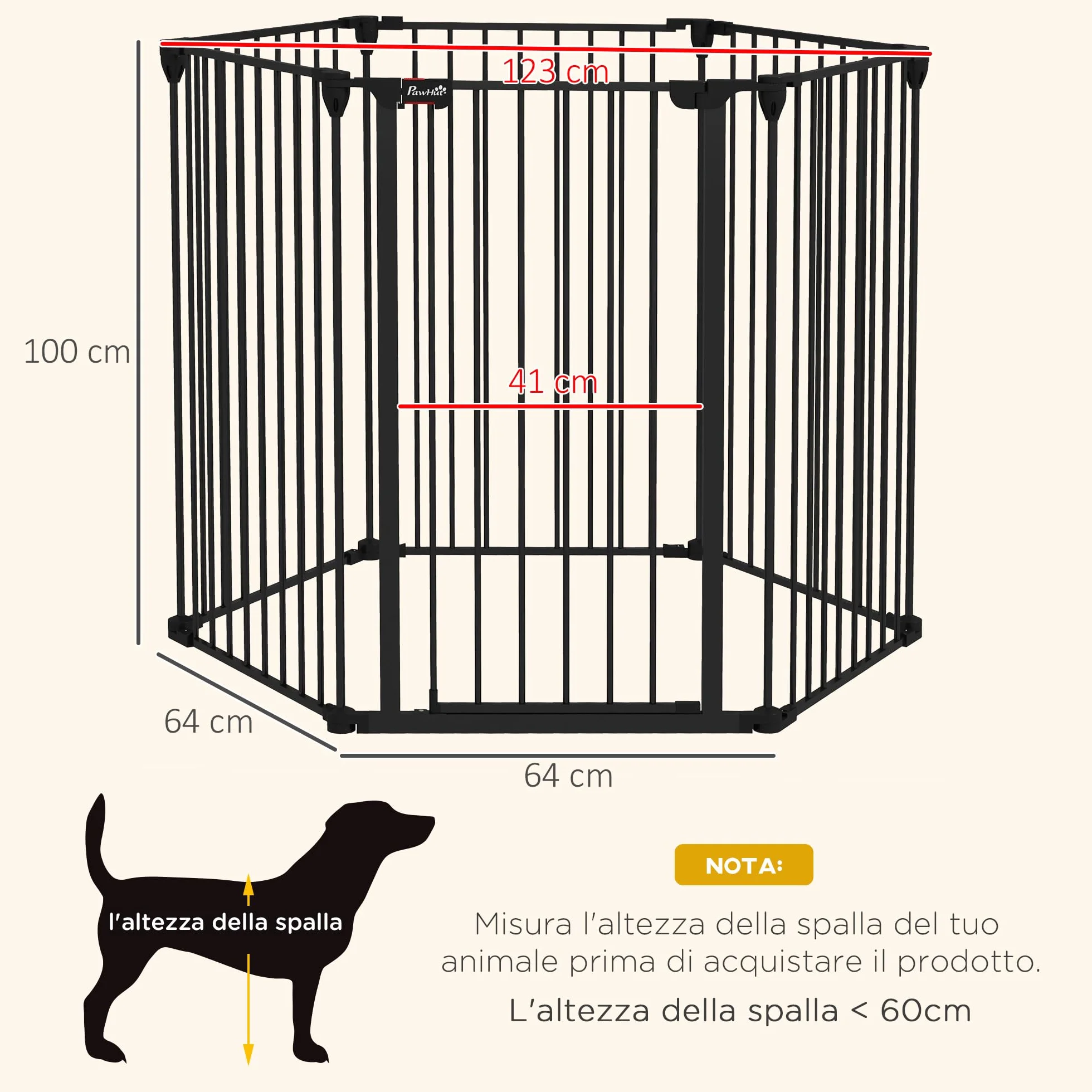 PawHut Cancellino per Cani Taglia Media Pieghevole con Doppia Chiusura di Sicurezza, Cancelletto di Sicurezza Modulabile in Metallo e Plastica, 123x102x100 cm, Nero
