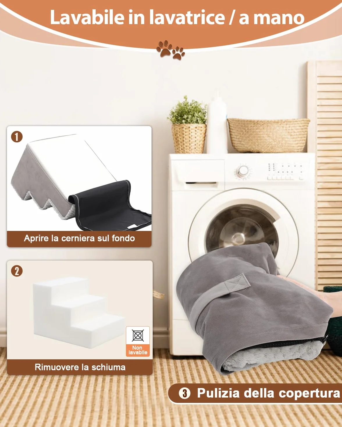 Scala per cani di piccola taglia alta 44 cm con rivestimento lavabile rimovibile antiscivolo per letto divano grigio