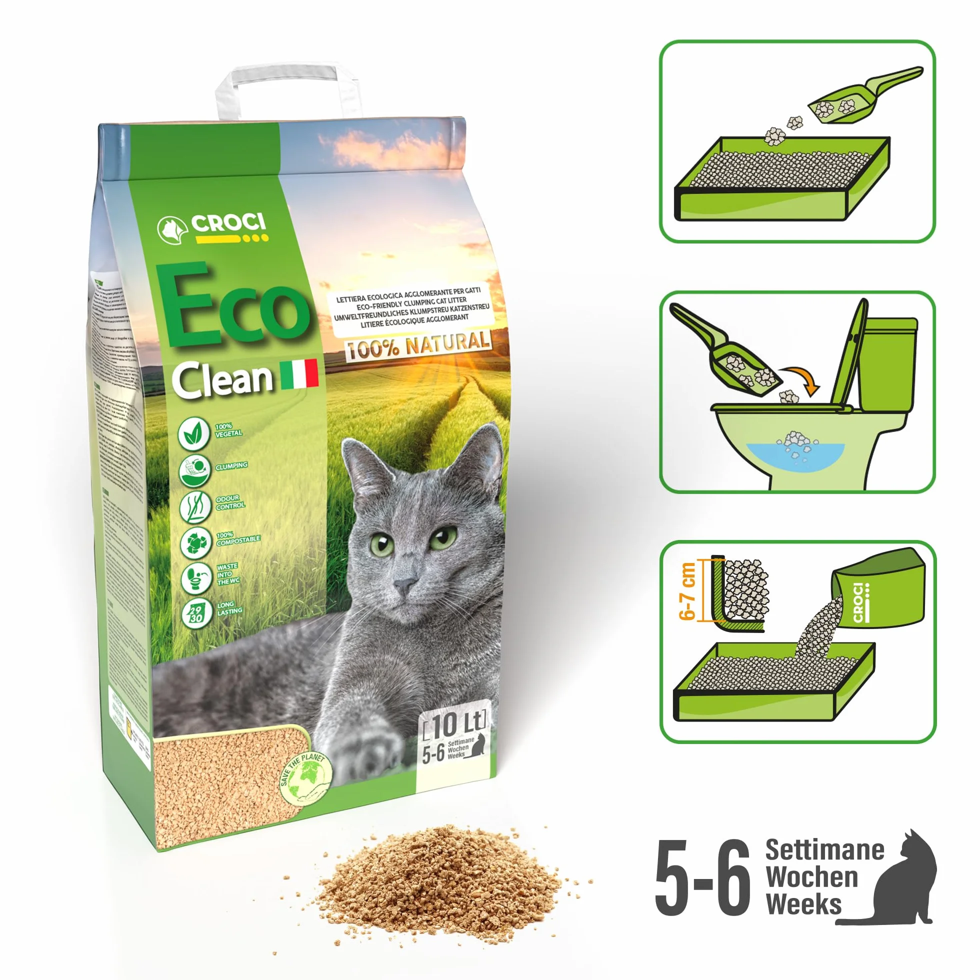 Croci Lettiera Eco Clean 10 L - Lettiera Gatti Agglomerante Biodegradabile 100% Vegetale Antiodore