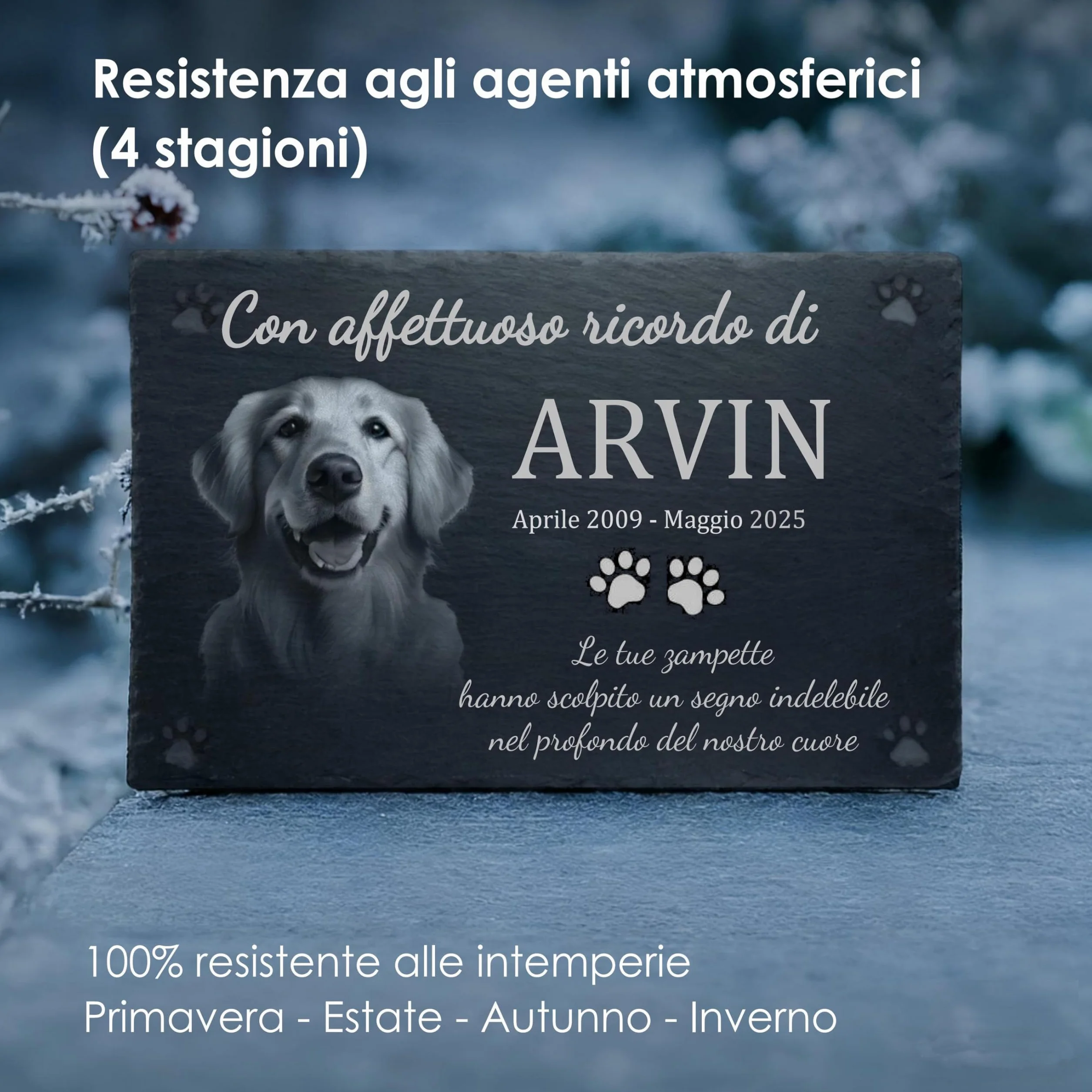 Pietra Commemorativa Cane in Ardesia – Lapide per Animali Esterno Personalizzata, Targa Memoriale per Cani Resistente alle Intemperie – Foto, Nome e Testo Personalizzabili – Giardino / 30x15–50x30 cm