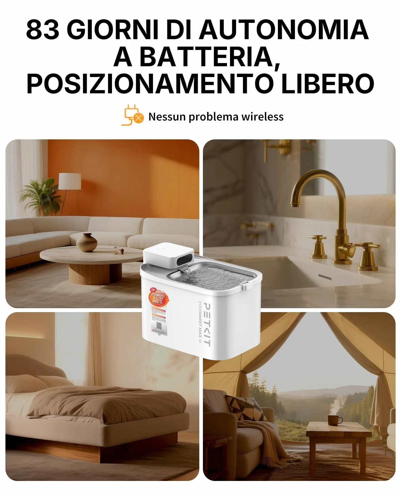 PETKIT EVERSWEET MAX 2 Fontanella per Gatti Senza Fili, 3L Fontana per Gatti con Sensore, Lavabile in Lavastoviglie, 25dB Ultra Silenziosa, Controllo App Intelligente, 5000 mAh Grande Autonomia